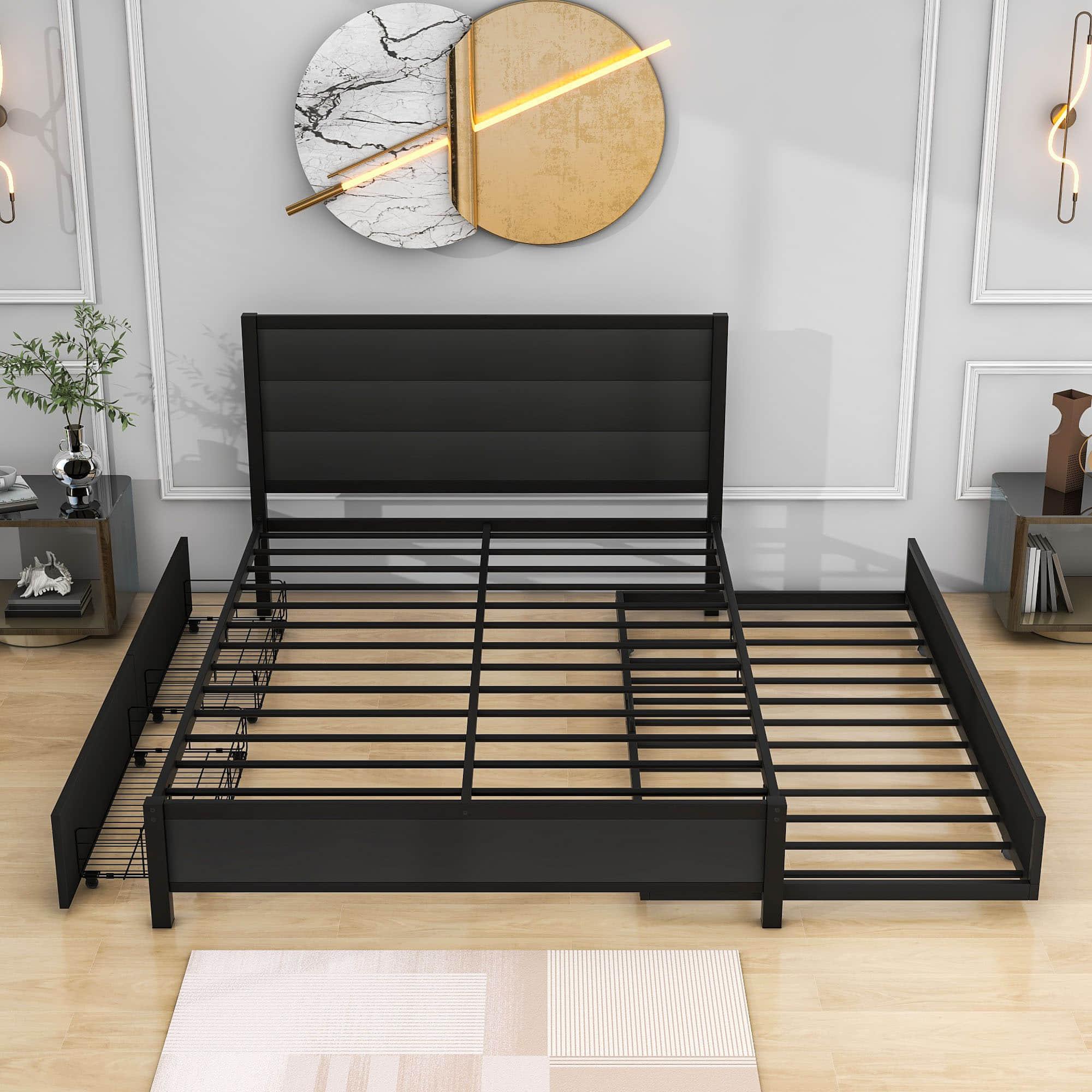 Metal Queen Size Storage Platform Bed with Twin Trundle Bed