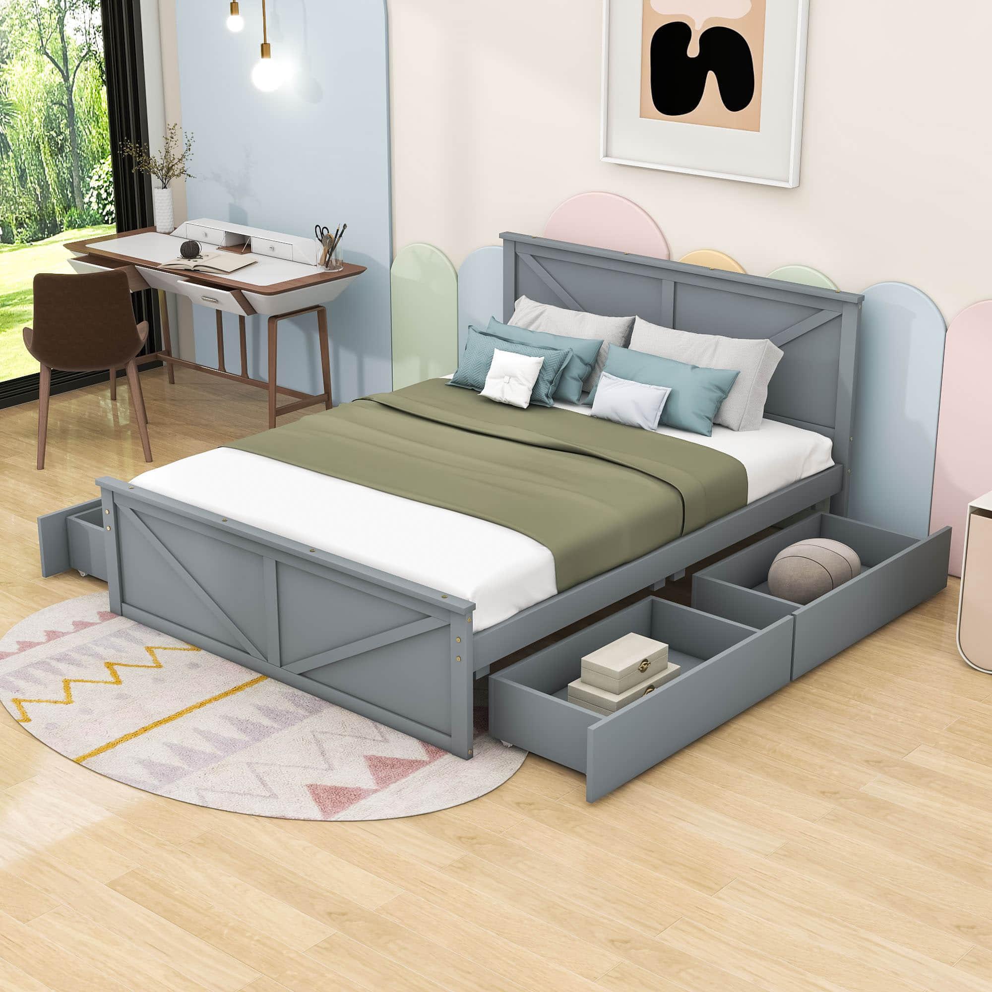 Queen Size Wooden Platform Bed with Headboard and Storage - [Drawers]