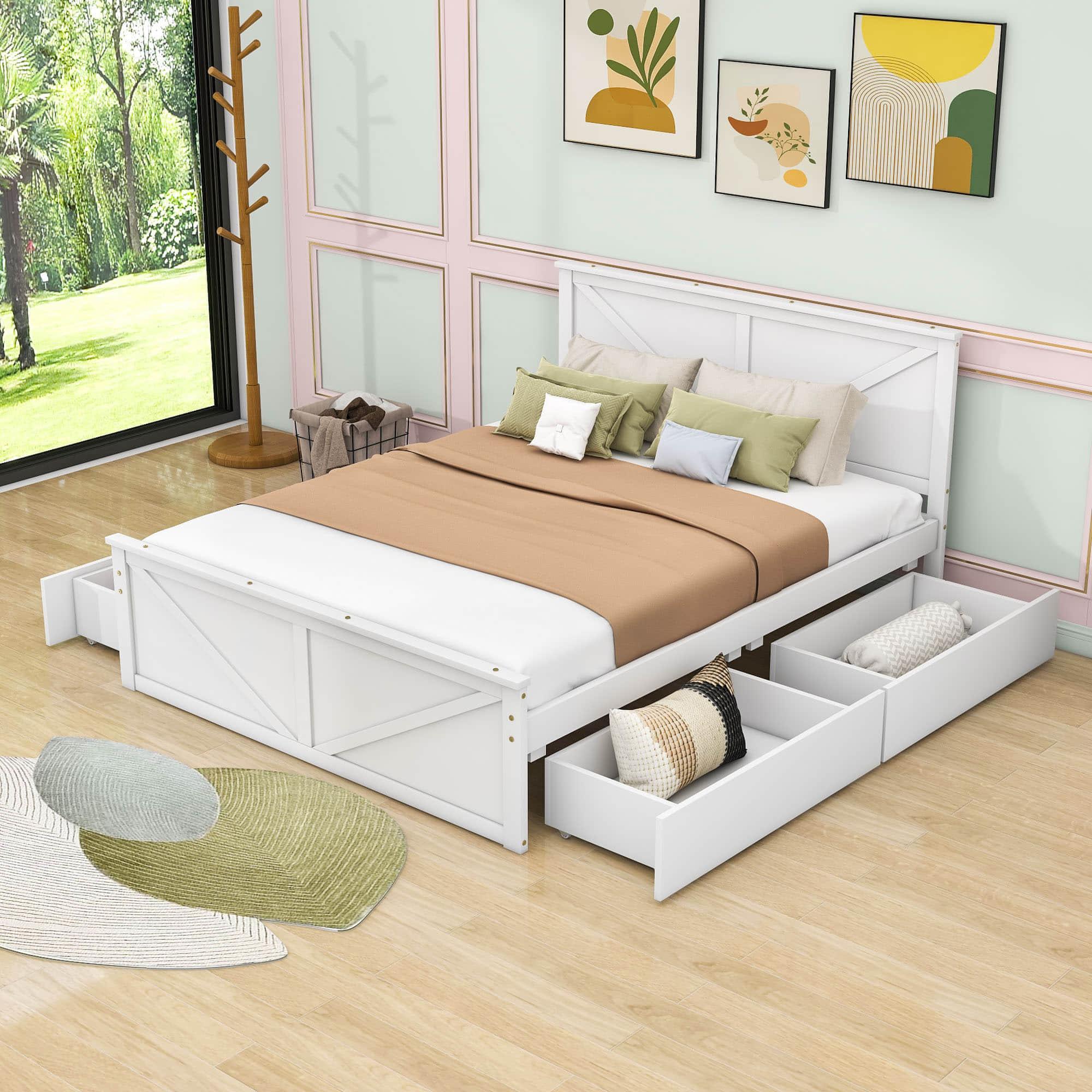 Queen Size Wooden Platform Bed with Headboard and Storage - [Drawers]