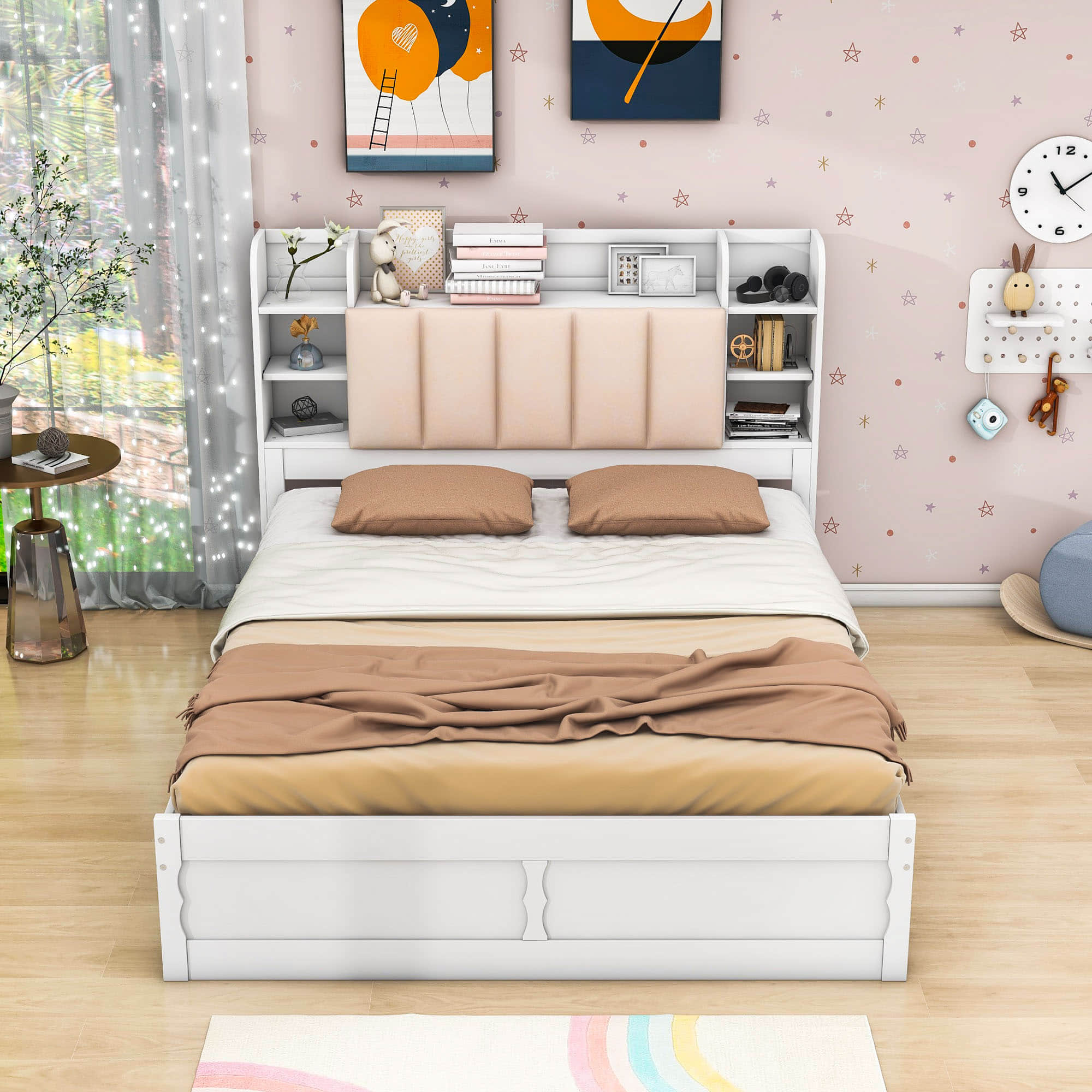 Wood Queen Platform Bed Frame with Storage Headboard and Drawers