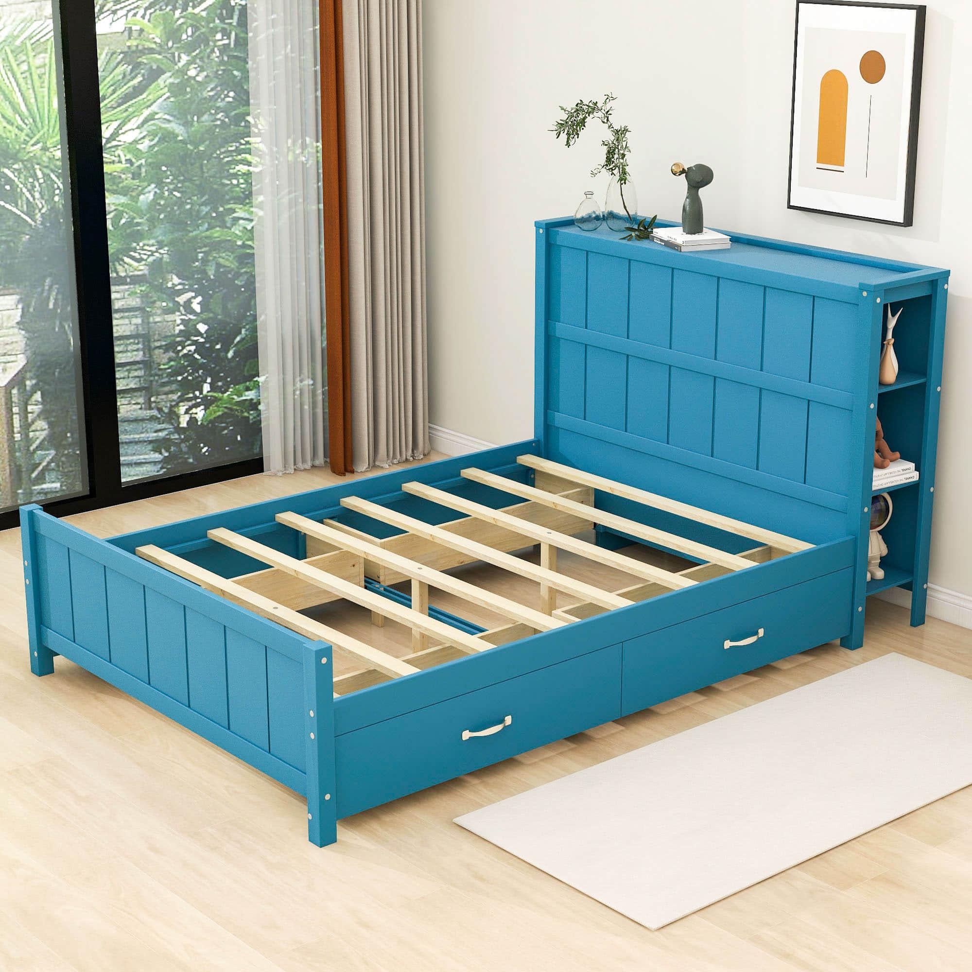 Wooden Full Size Platform Bed with Headboard and Storage - [Drawers, Shelves]