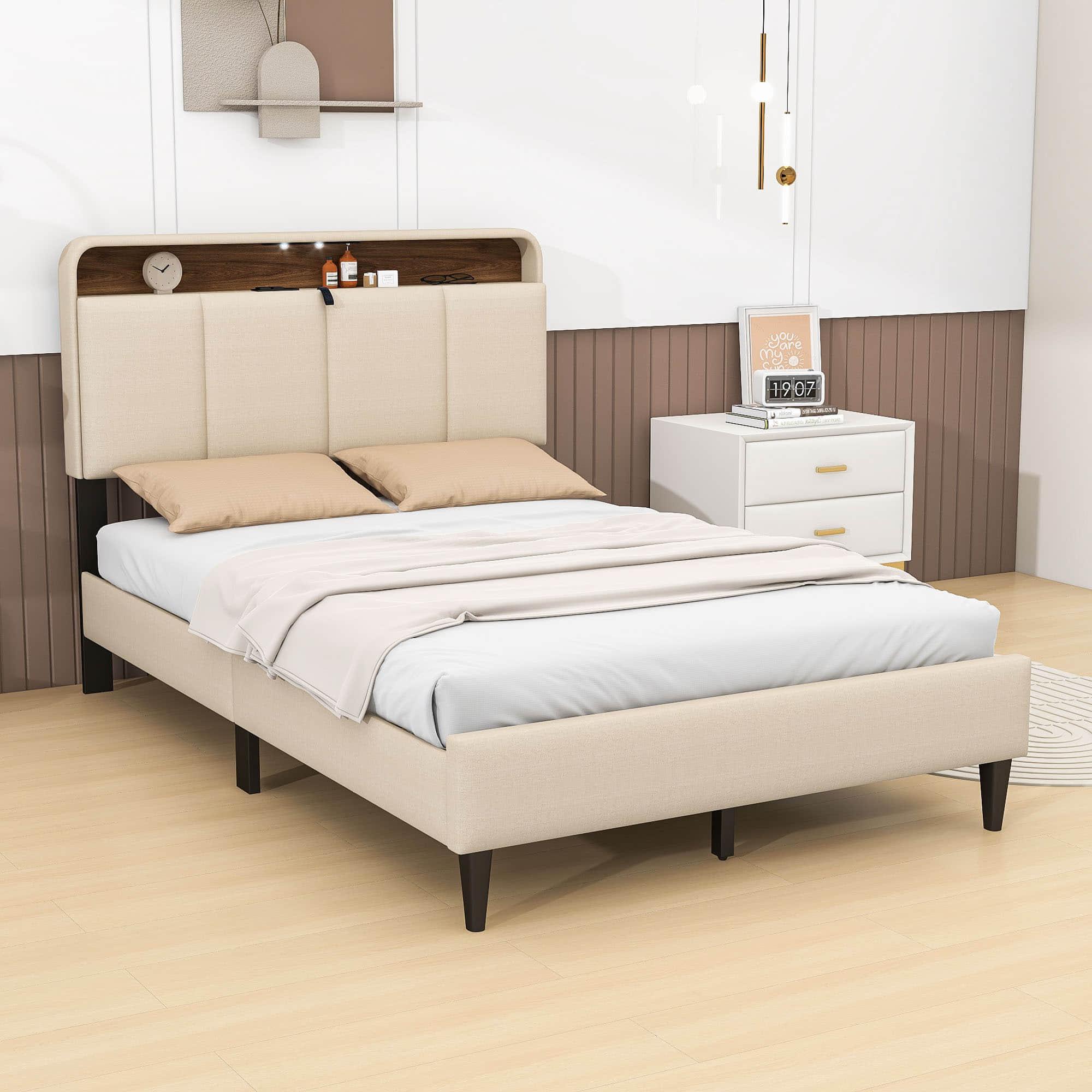 Smart Full Size Platform Upholstered Bed Frame with Storage Headboard