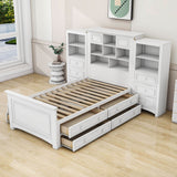 Wood Twin Captains Bed with Storage Headboard and Drawers