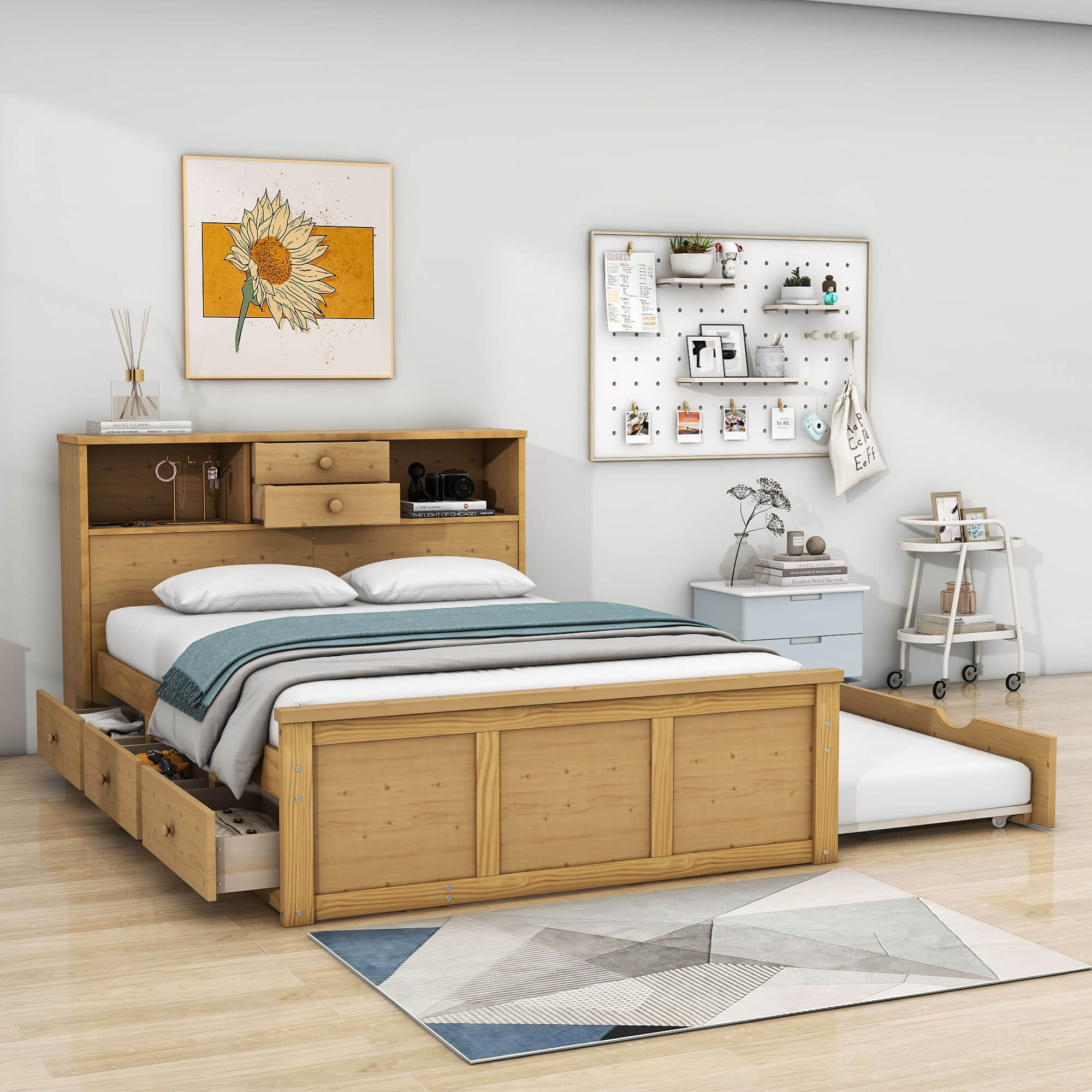 Wood Smart Full Platform Bed with Twin Trundle and Storage Headboard