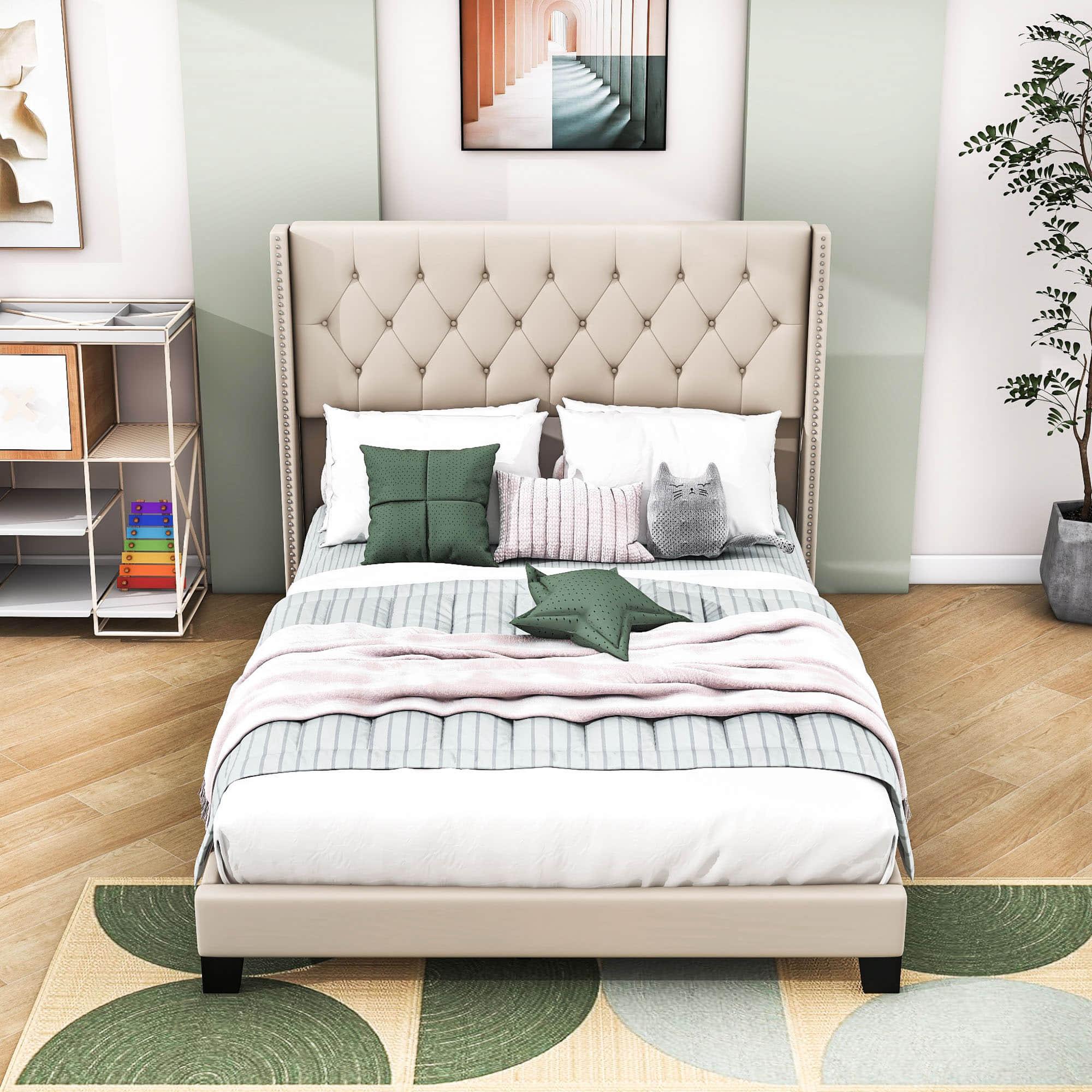 Queen Size Linen Upholstered Bed Frame with Tufted Headboard