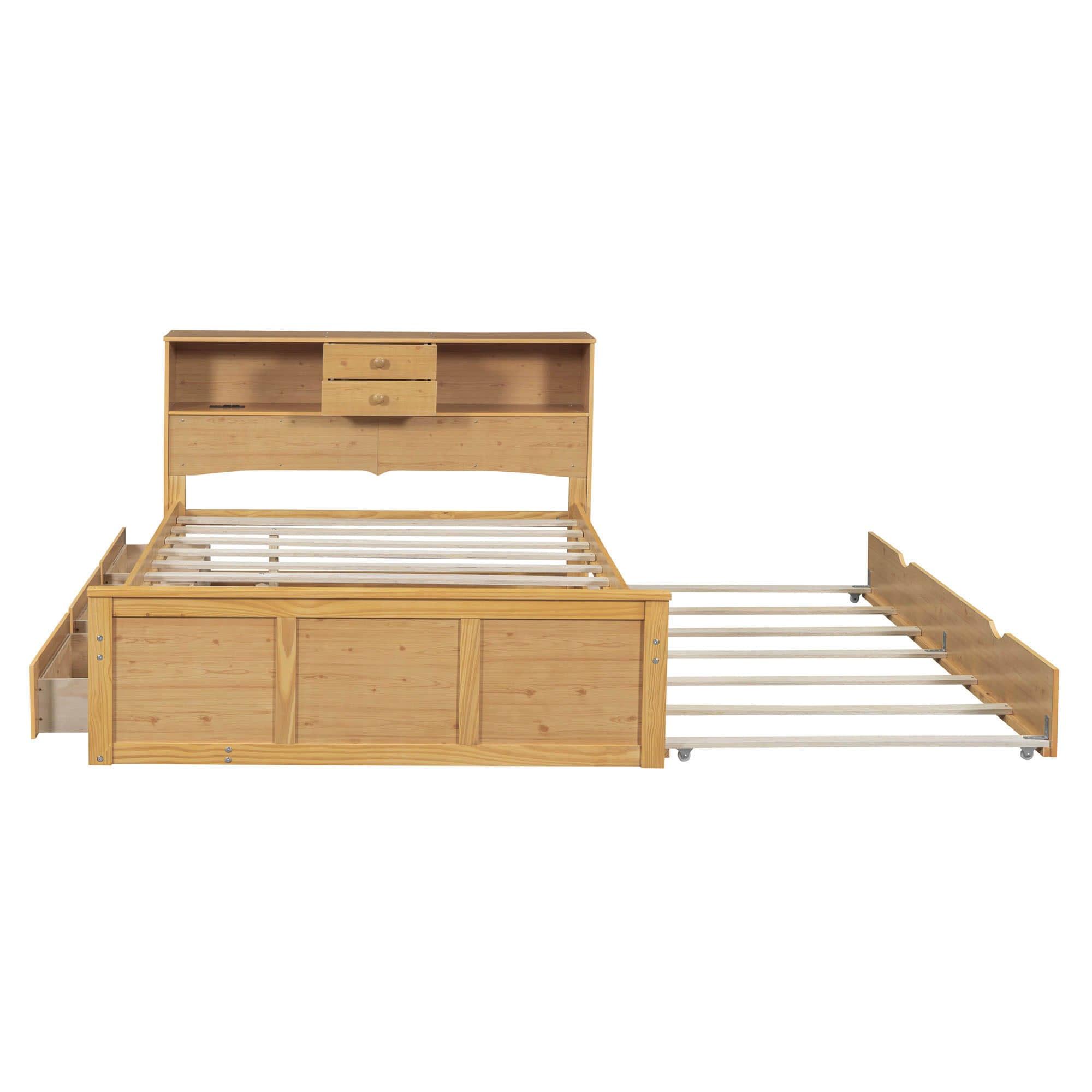 Wood Smart Full Platform Bed with Twin Trundle and Storage Headboard