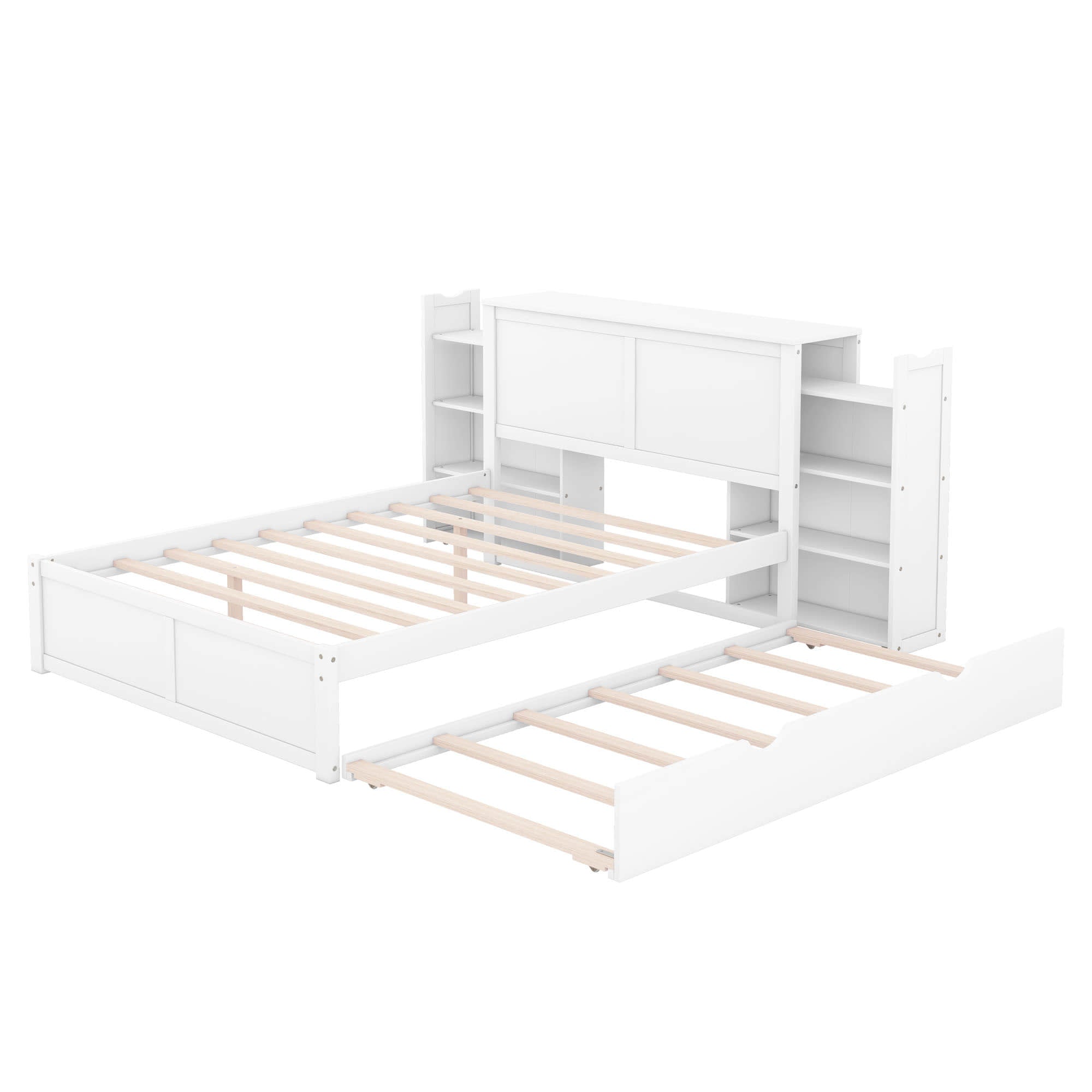 Full Platform Bed Frame with Pull Out Shelves and Twin Trundle