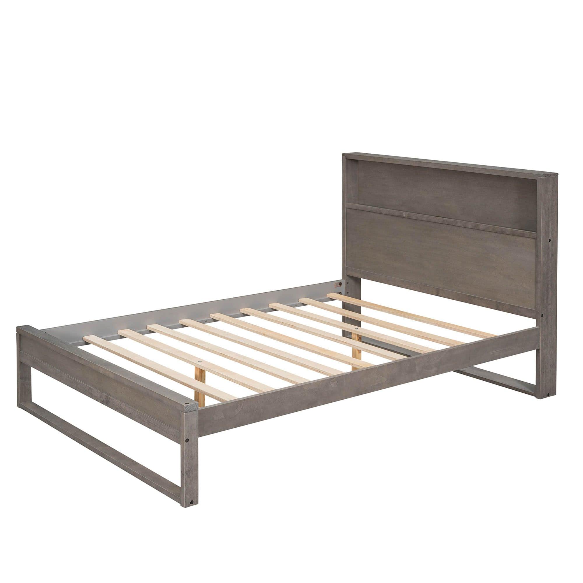 Rustic Farmhouse Full Size Smart Platform Bed with Storage Headboard - [Sockets, USB Ports]