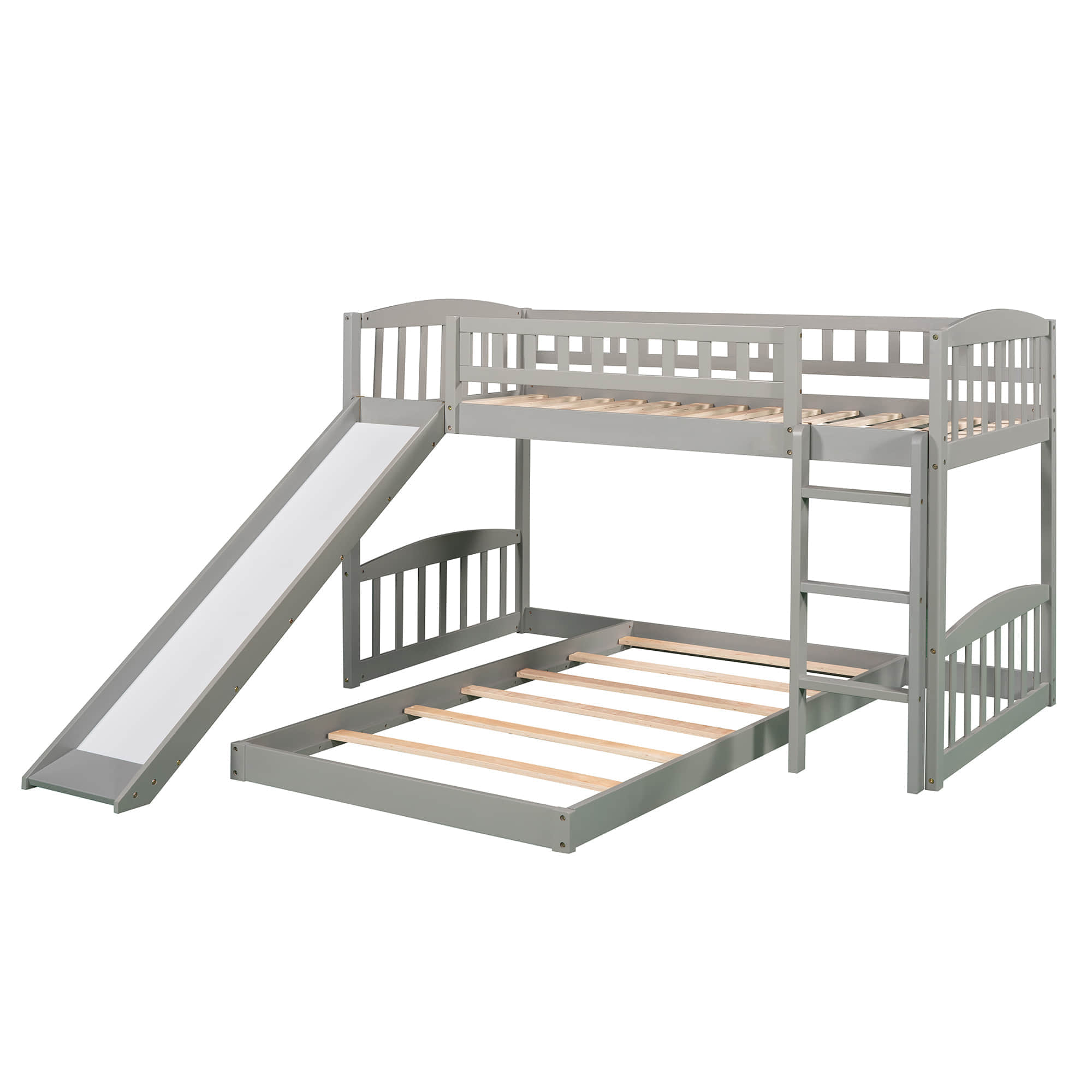 Montessori L-Shaped Twin Over Twin Floor Bunk Bed with Slide and Ladder - [Wooden]