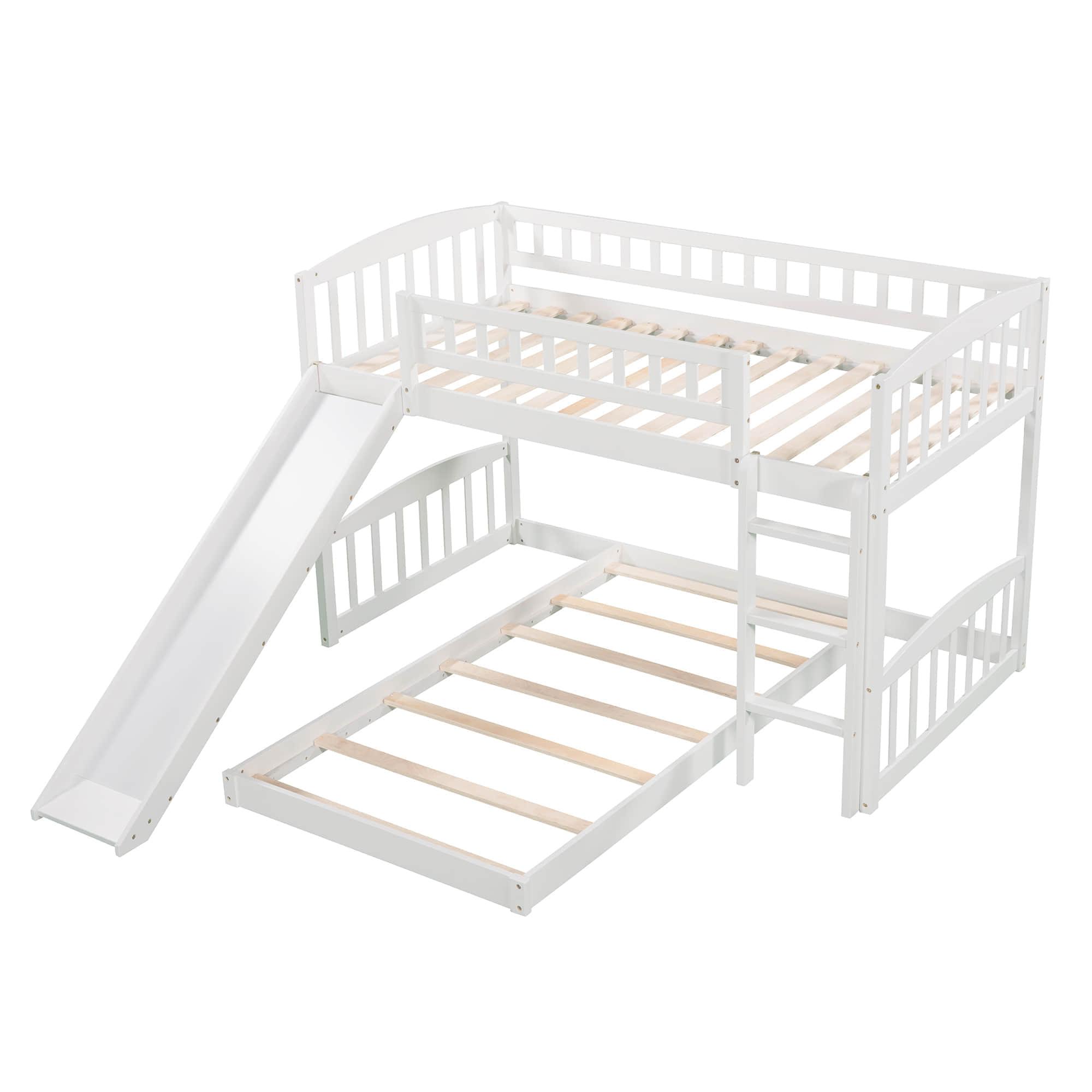 Montessori L-Shaped Twin Over Twin Floor Bunk Bed with Slide and Ladder - [Wooden]