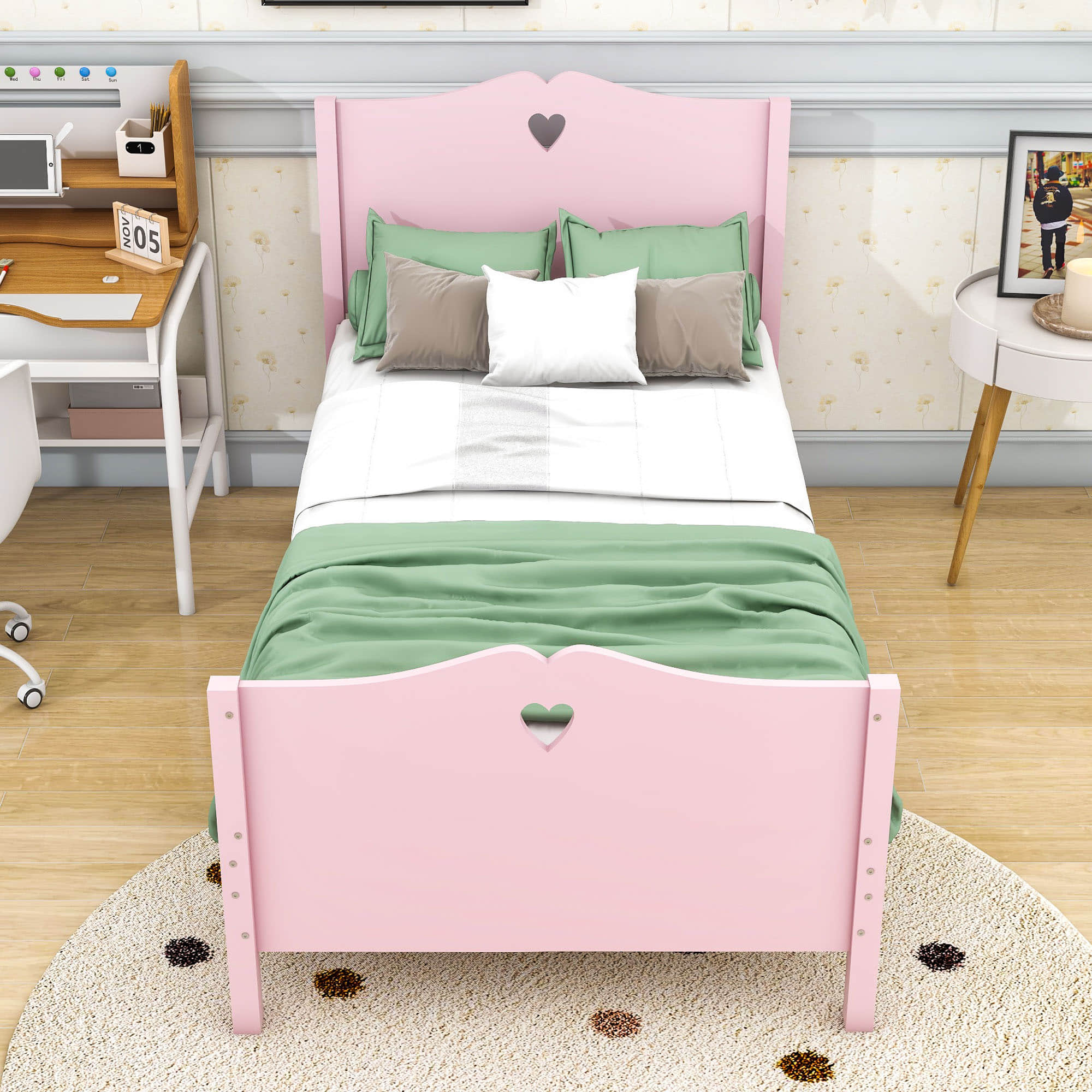 Wood Girls Twin Platform Bed with Headboard and Footboard