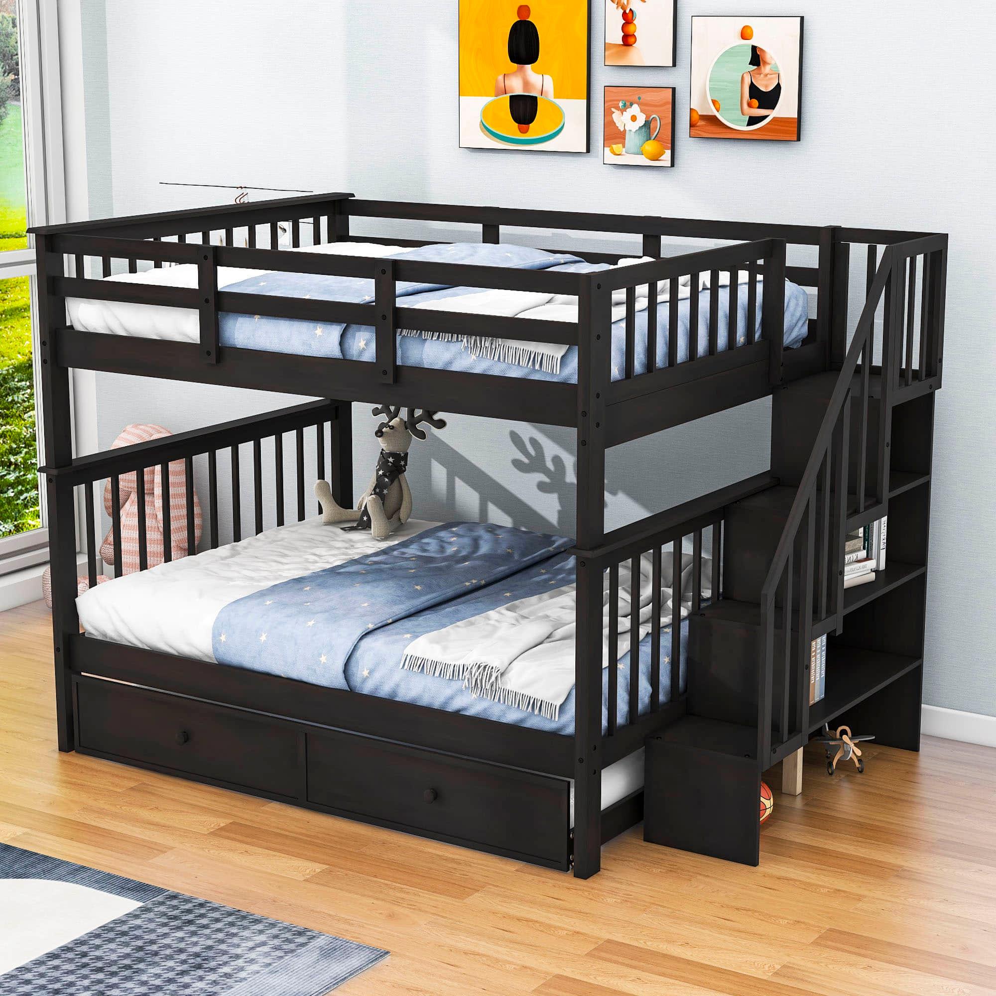 Wooden Full Over Full Bunk Beds with Trundle and Storage - [Stairs, Shelves, Detachable]