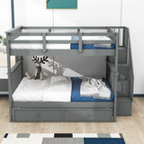 Wooden Full Over Full Bunk Beds with Trundle and Storage - [Stairs, Shelves, Detachable]