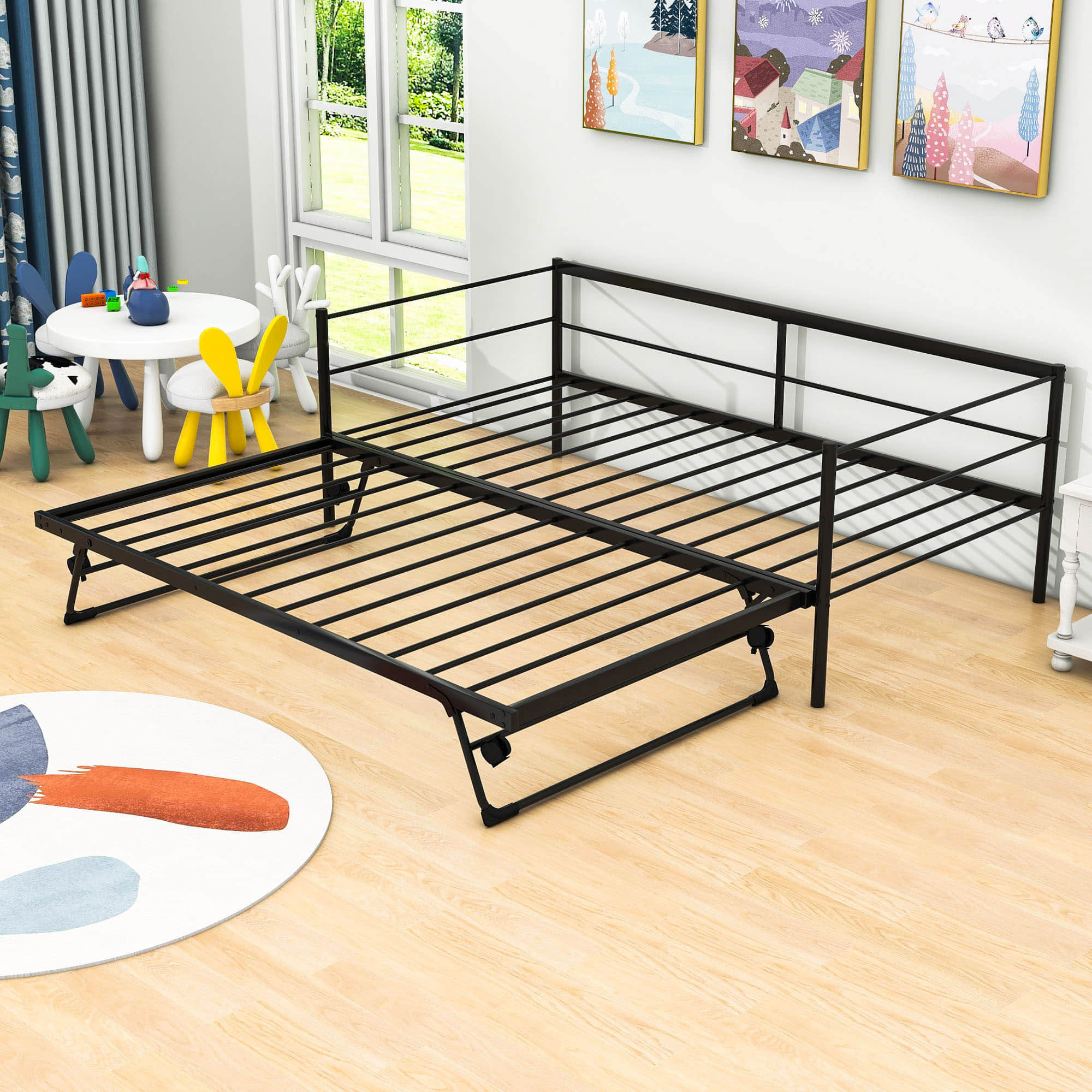 Convertible Metal Twin Daybed with Pop Up Trundle Bed