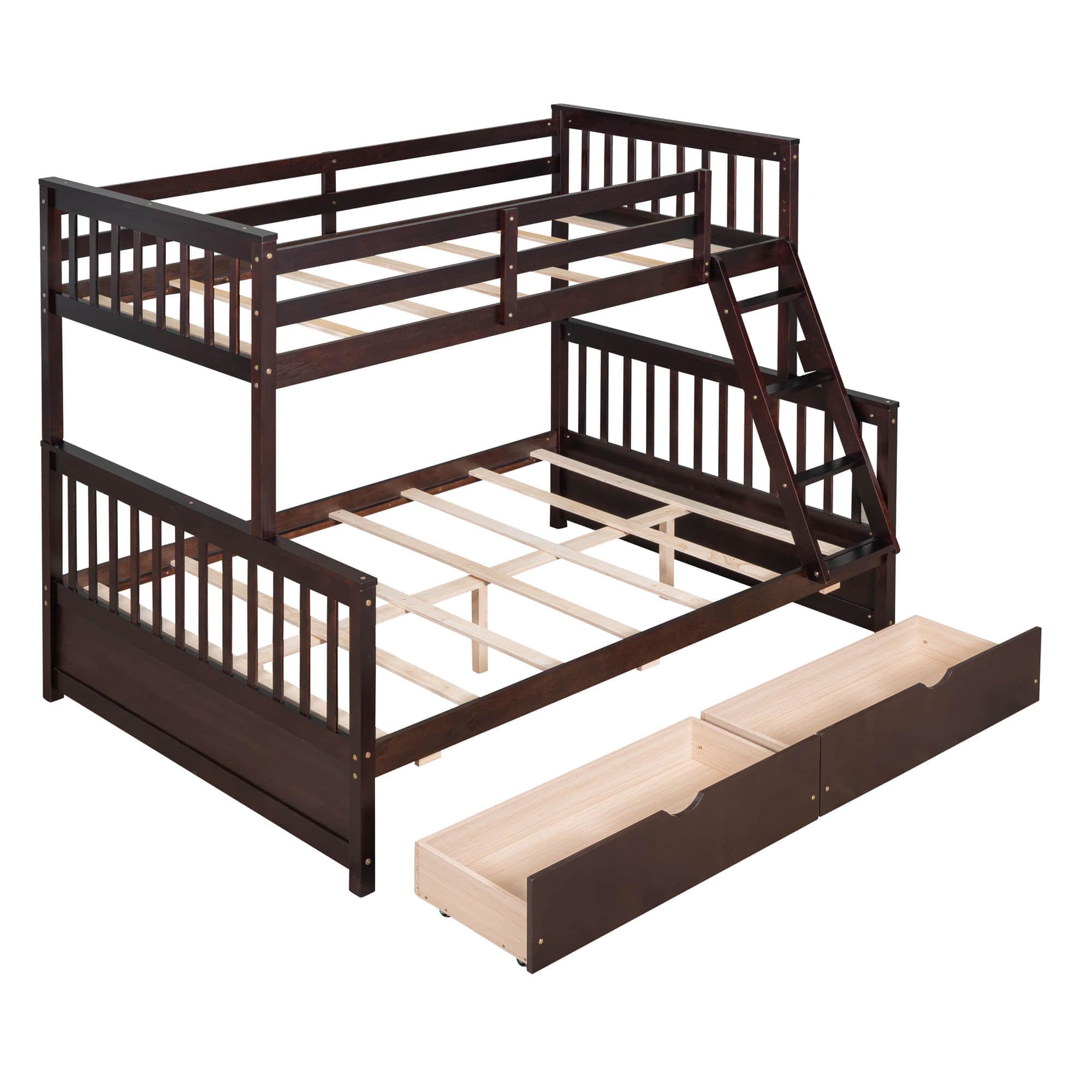 Wooden Classic Twin Over Full Bunk Bed with Ladder and Storage Drawers