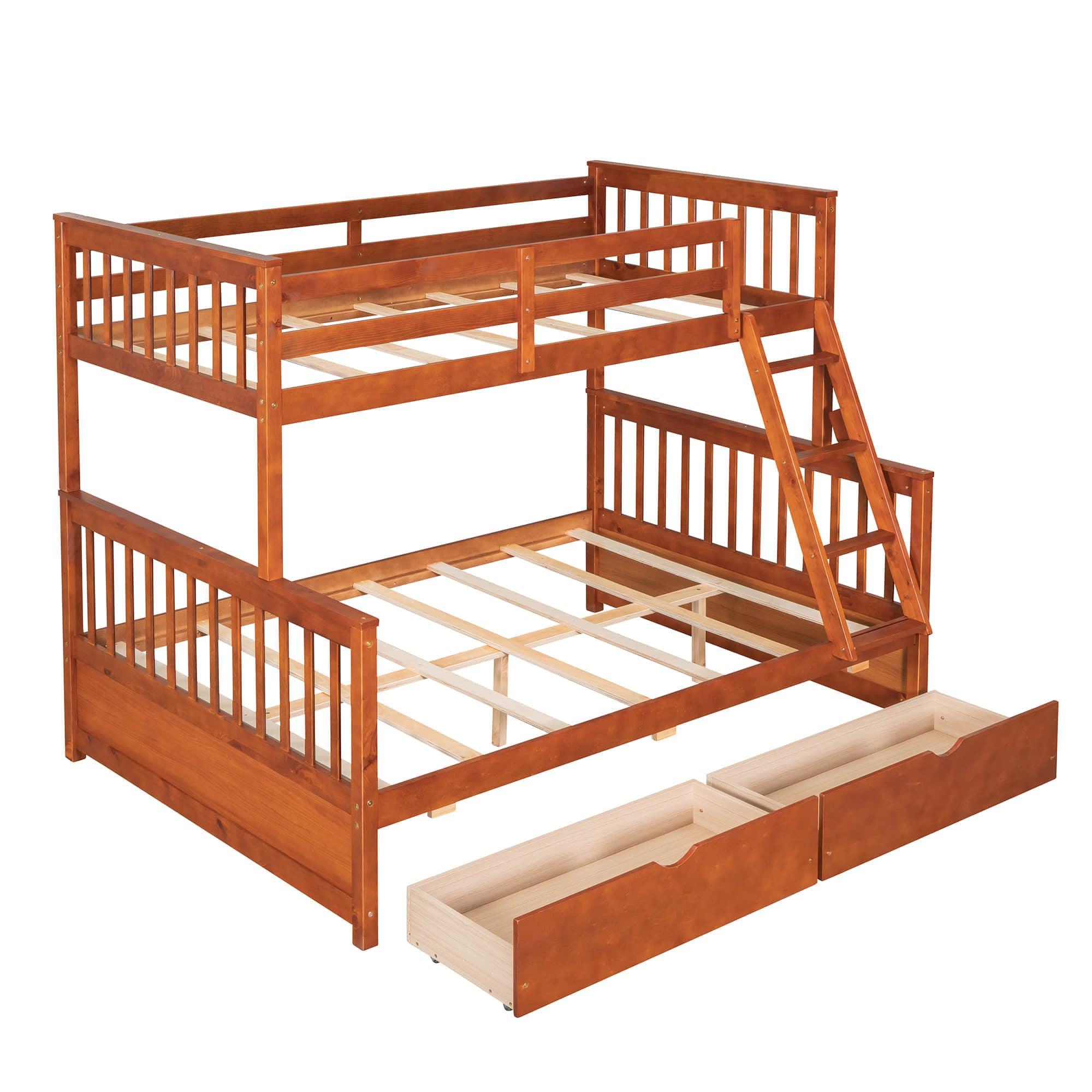 Wooden Classic Twin Over Full Bunk Bed with Ladder and Storage Drawers