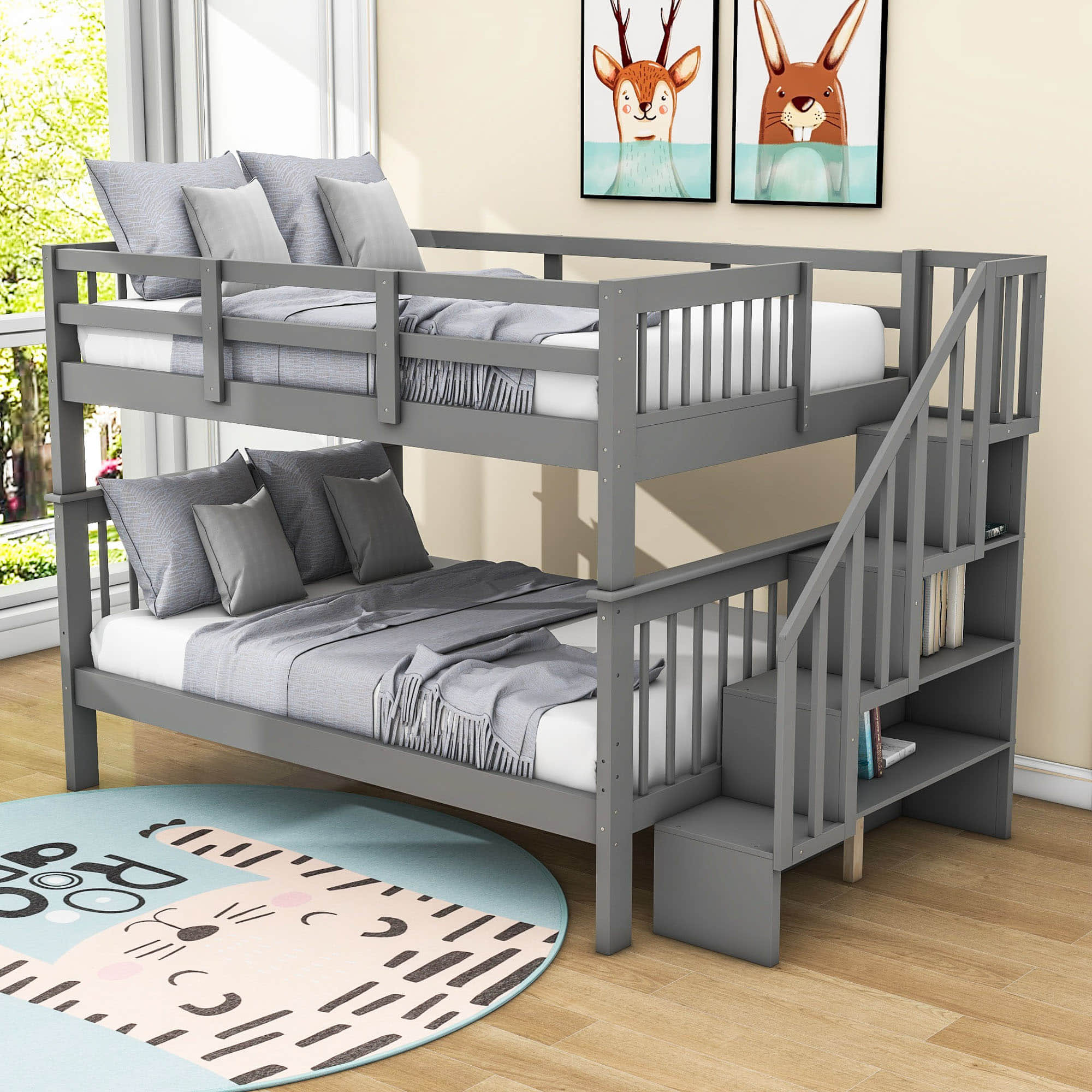 Wooden Full Over Full Bunk Beds with Storage and Stairs - [Detachable]