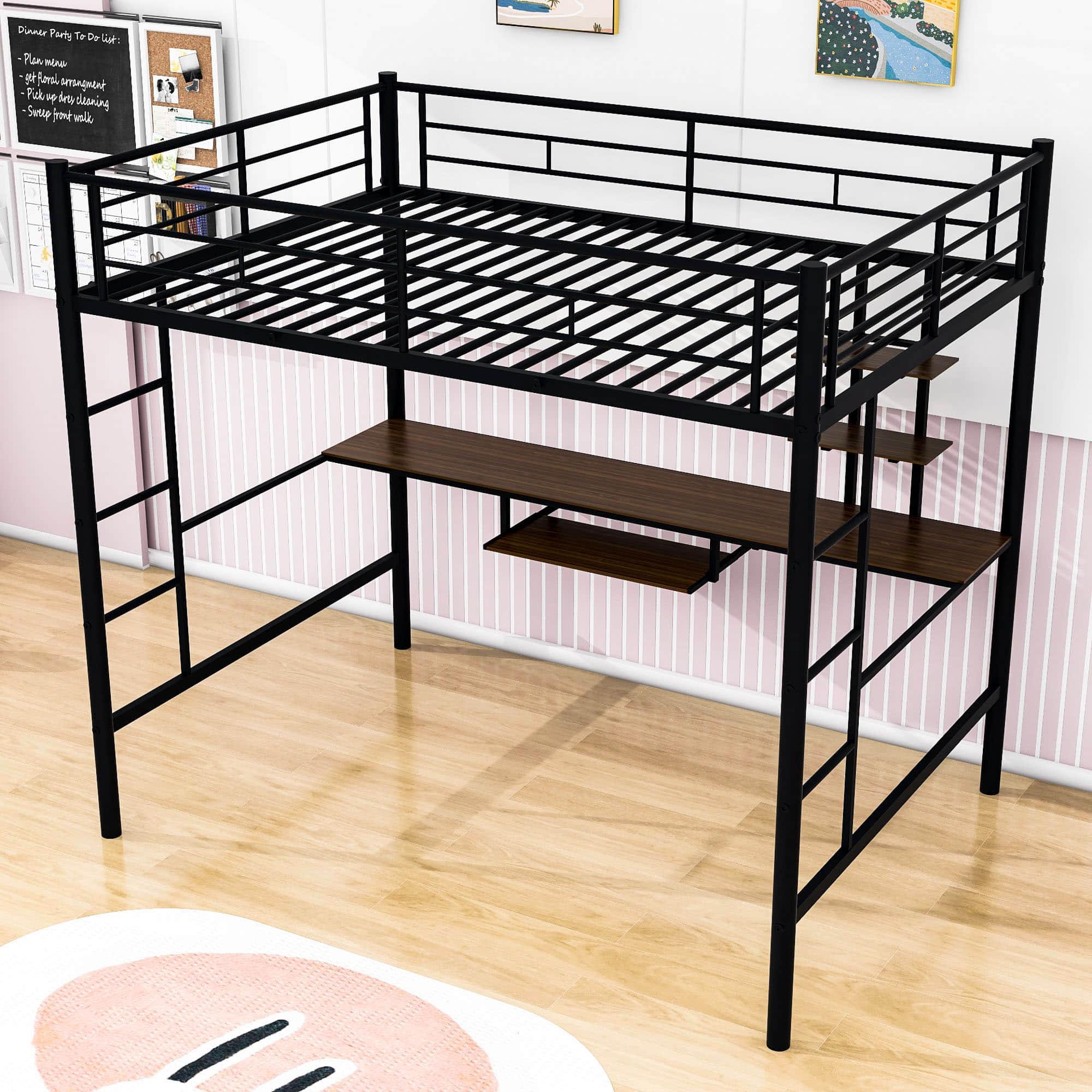 Metal Full Size Gaming Loft Bed Frame with Desk and Shelves - [2 Ladders]