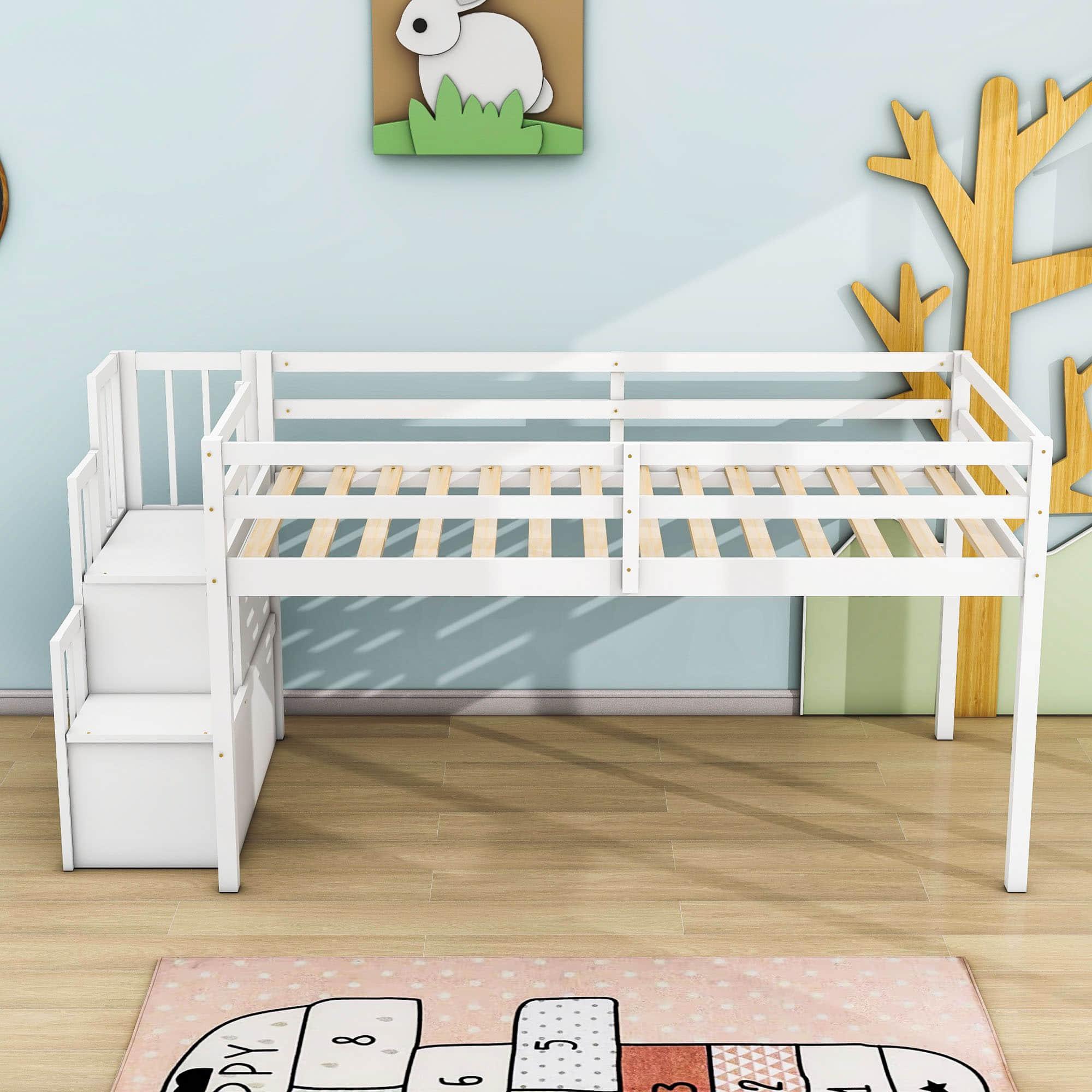 Wood Low Twin Loft Bed with Stairs and Storage for Kids, Toddler - [Shelves]