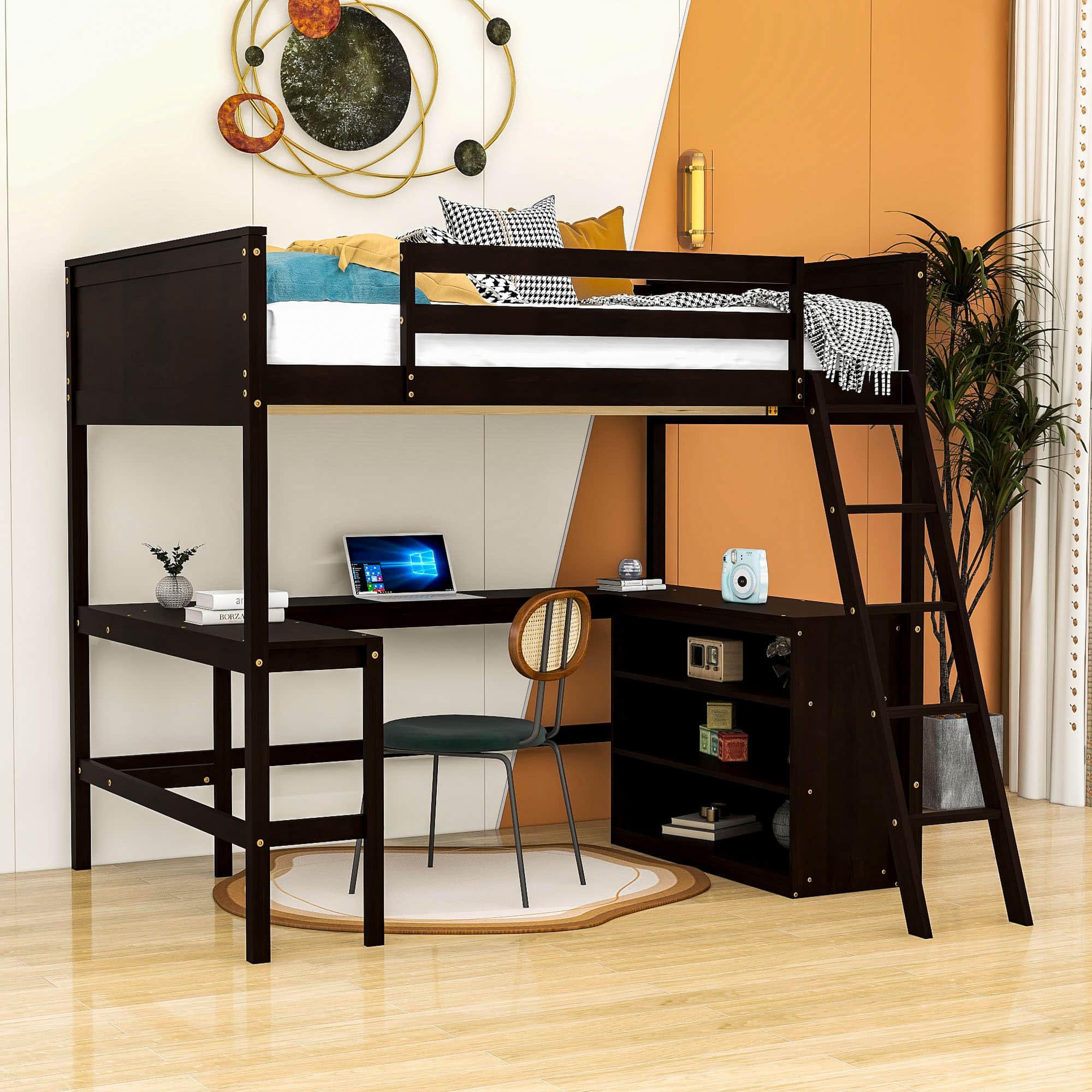 Full Size Convertible High Loft Bed with Desk and Shelves - [Cabinet, Wood]