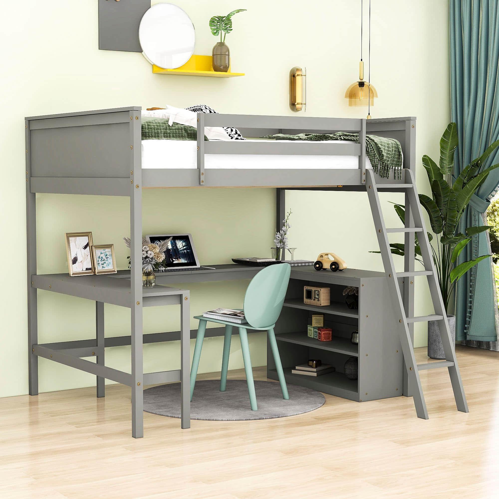 Full Size Convertible High Loft Bed with Desk and Shelves - [Cabinet, Wood]