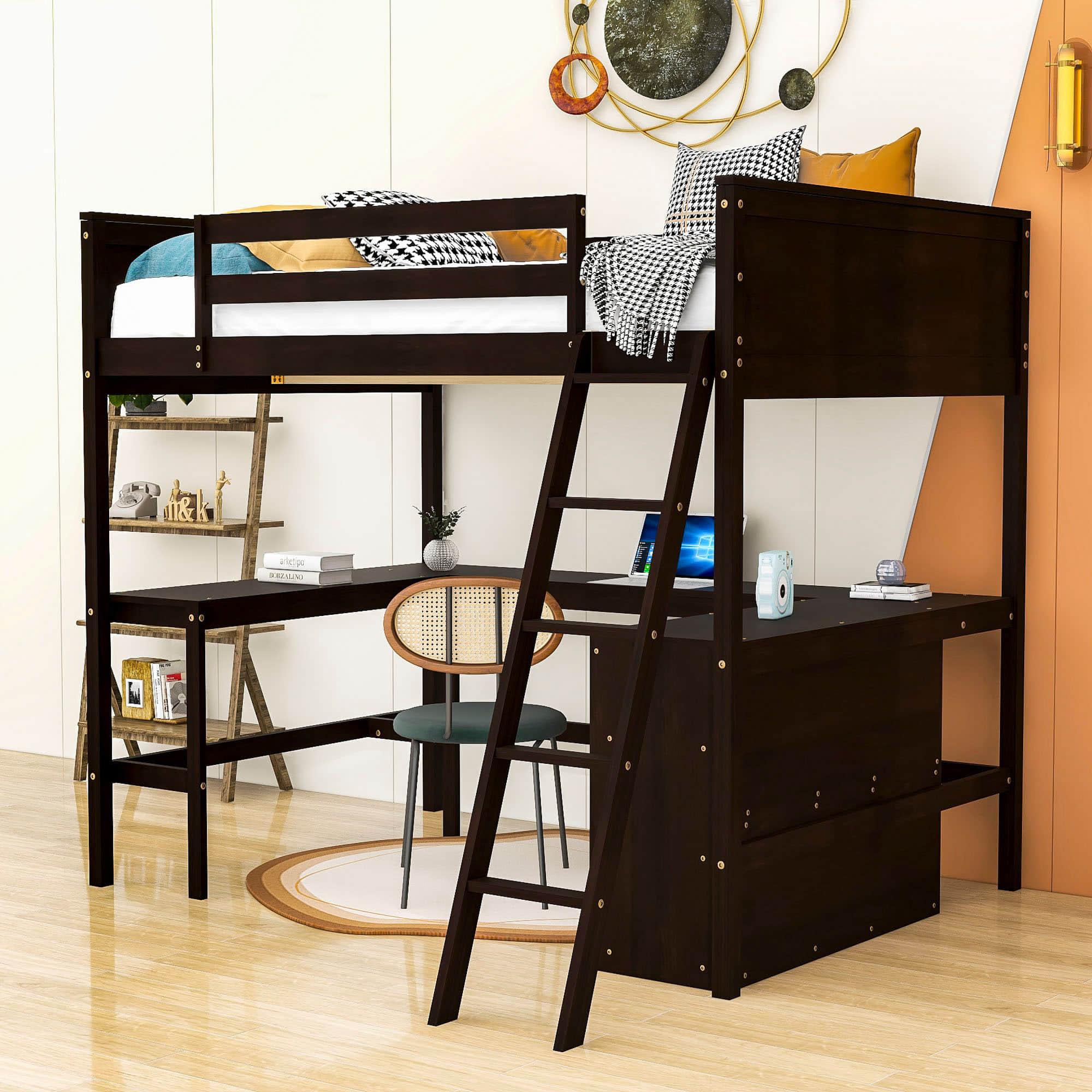 Full Size Convertible High Loft Bed with Desk and Shelves - [Cabinet, Wood]