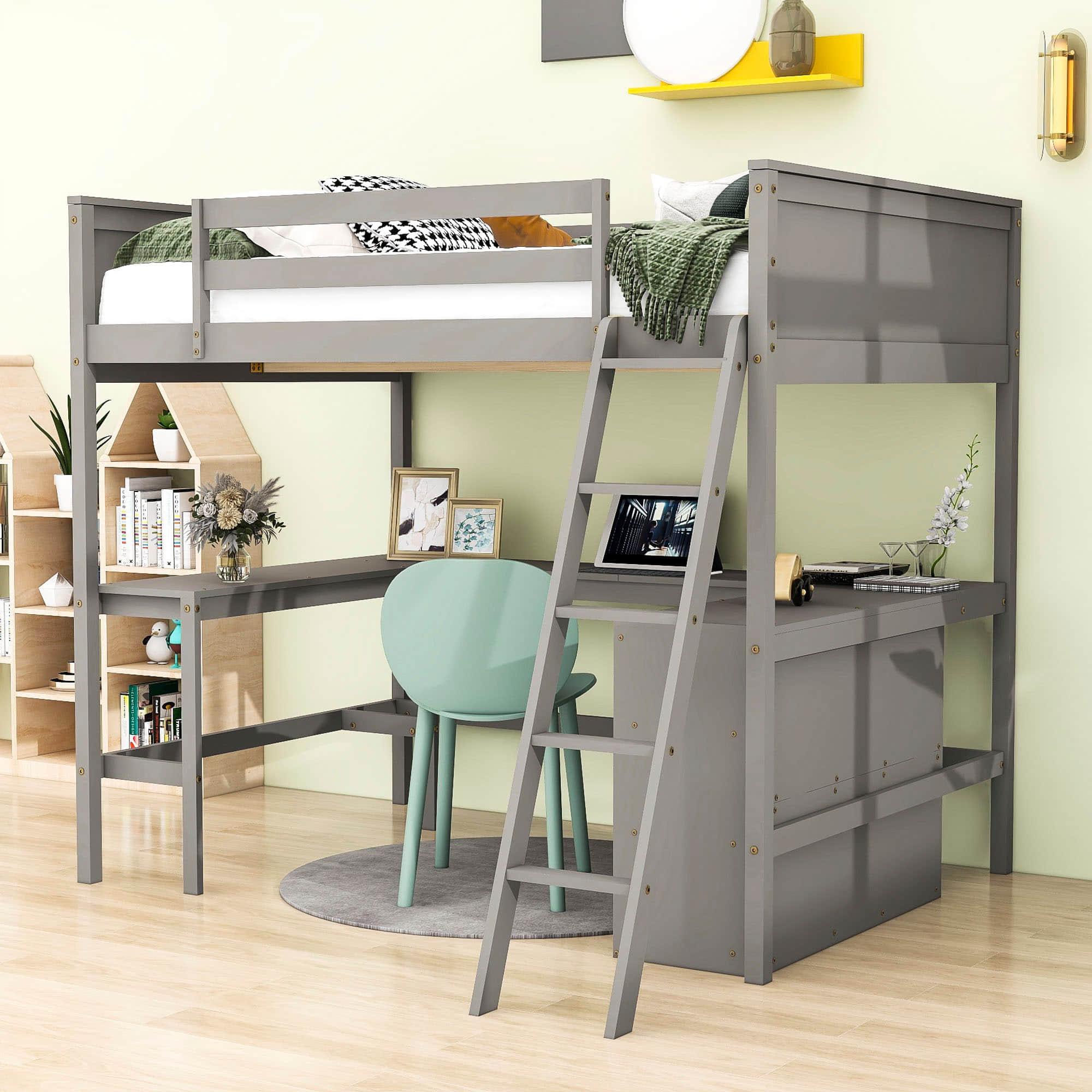 Full Size Convertible High Loft Bed with Desk and Shelves - [Cabinet, Wood]