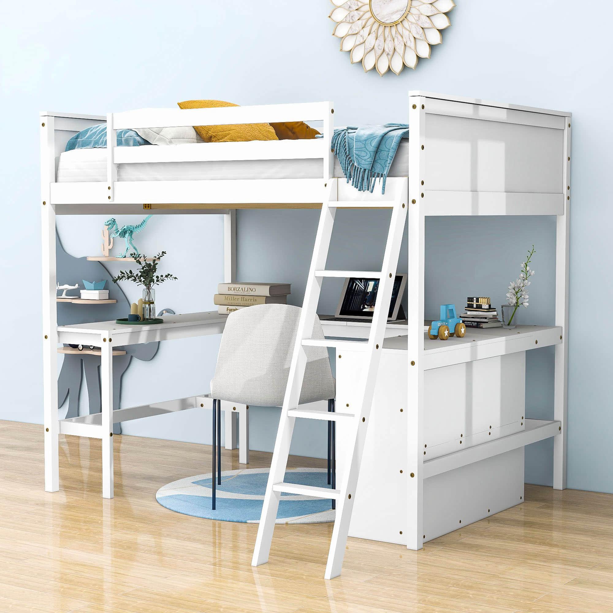 Full Size Convertible High Loft Bed with Desk and Shelves - [Cabinet, Wood]