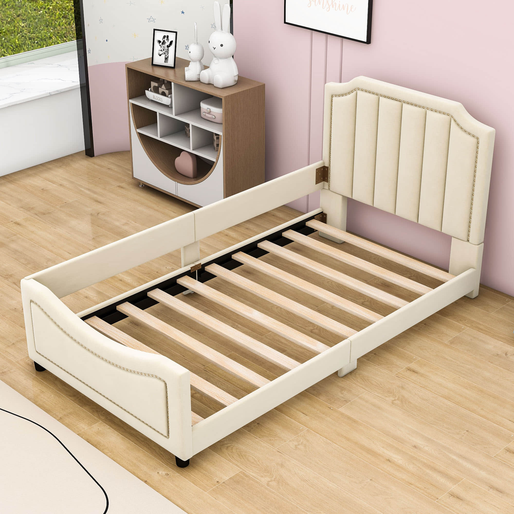 Cute Twin Low Profile Upholstered Toddler Nursery Bed with Rails