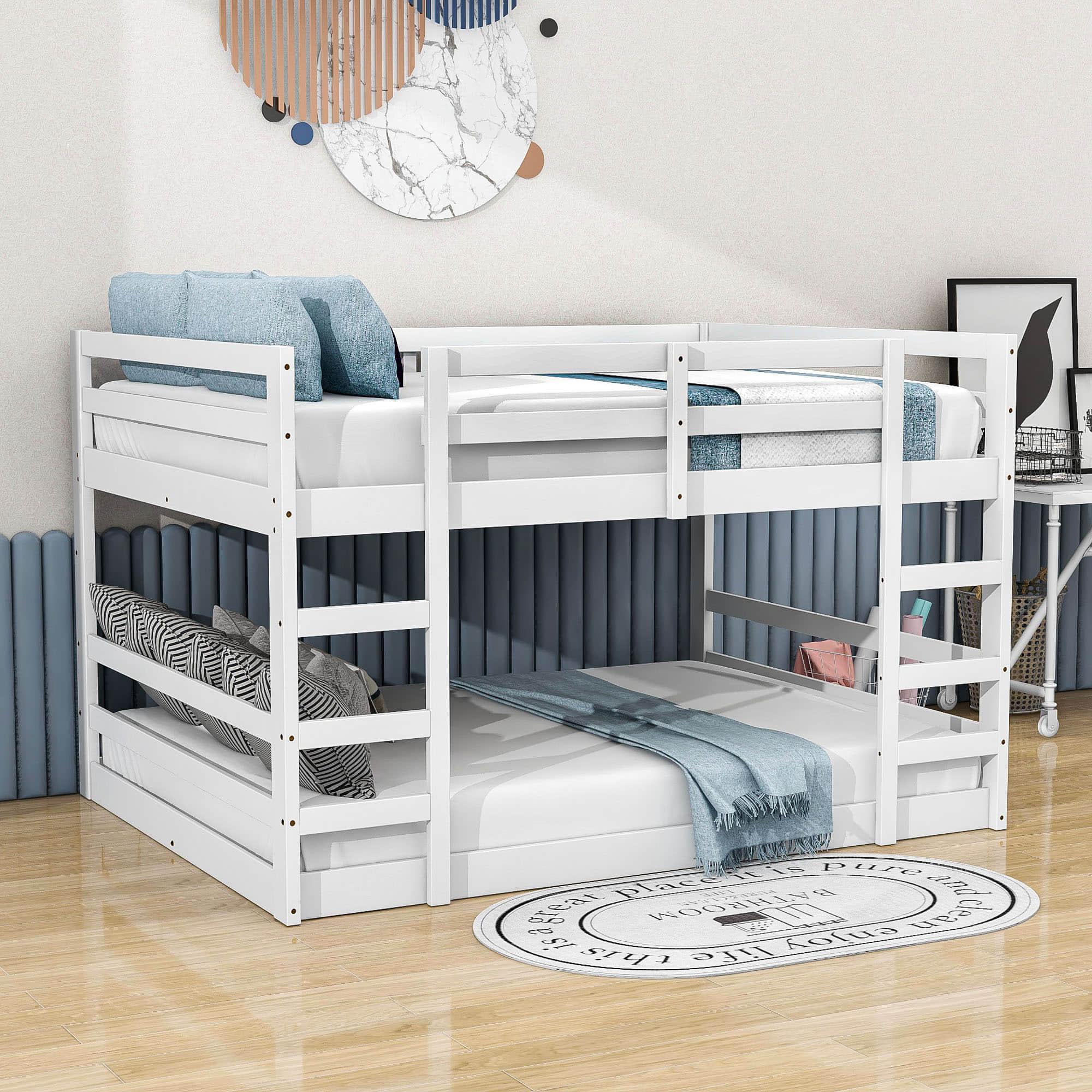 Modern Low Full Over Full Bunk Beds for Kids Toddler with 2 Ladders - Wooden