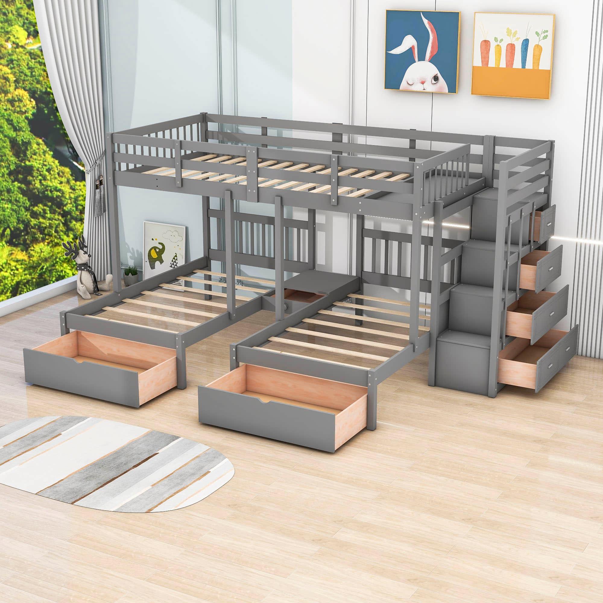 Wood Full Over Twin & Twin L-Shaped Triple Bunk Bed with Stairs and Drawers