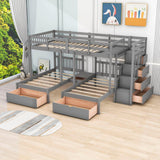 Wood Full Over Twin & Twin L-Shaped Triple Bunk Bed with Stairs and Drawers