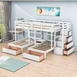 Wood Full Over Twin & Twin L-Shaped Triple Bunk Bed with Stairs and Drawers