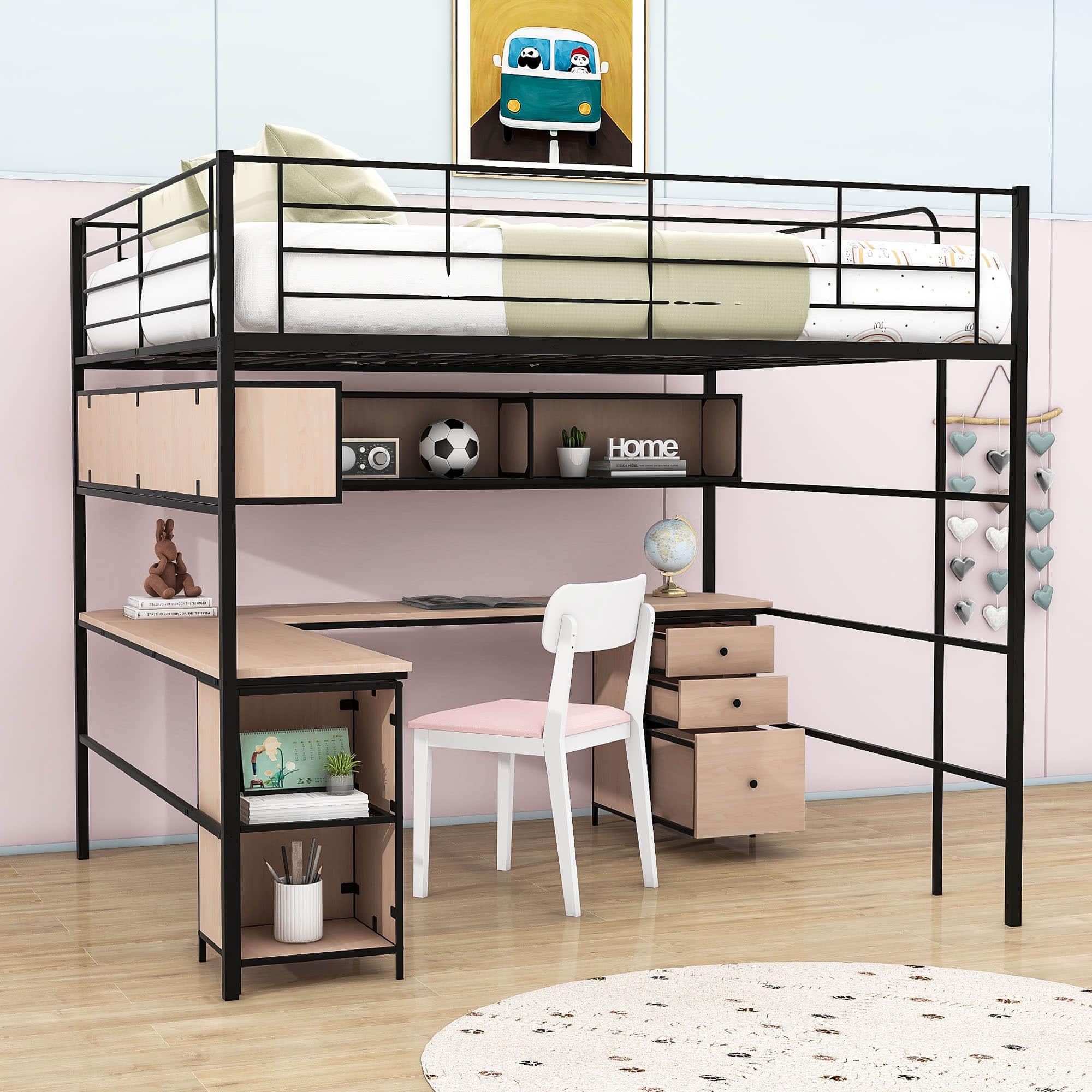 Metal Full Size Loft Bed with Desk and Storage for Adults, Teens