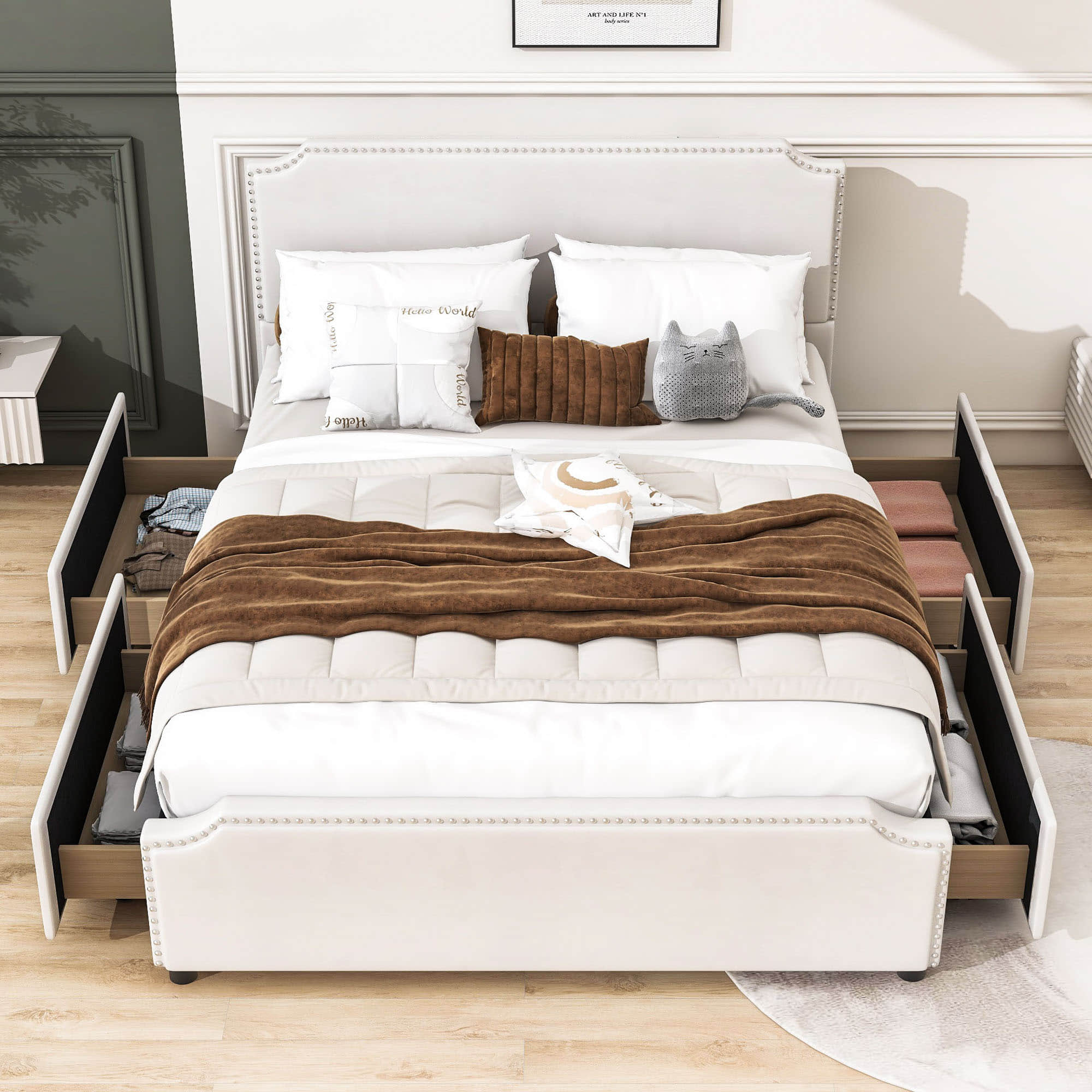 Queen Velvet Upholstered Bed Frame with Headboard and Storage