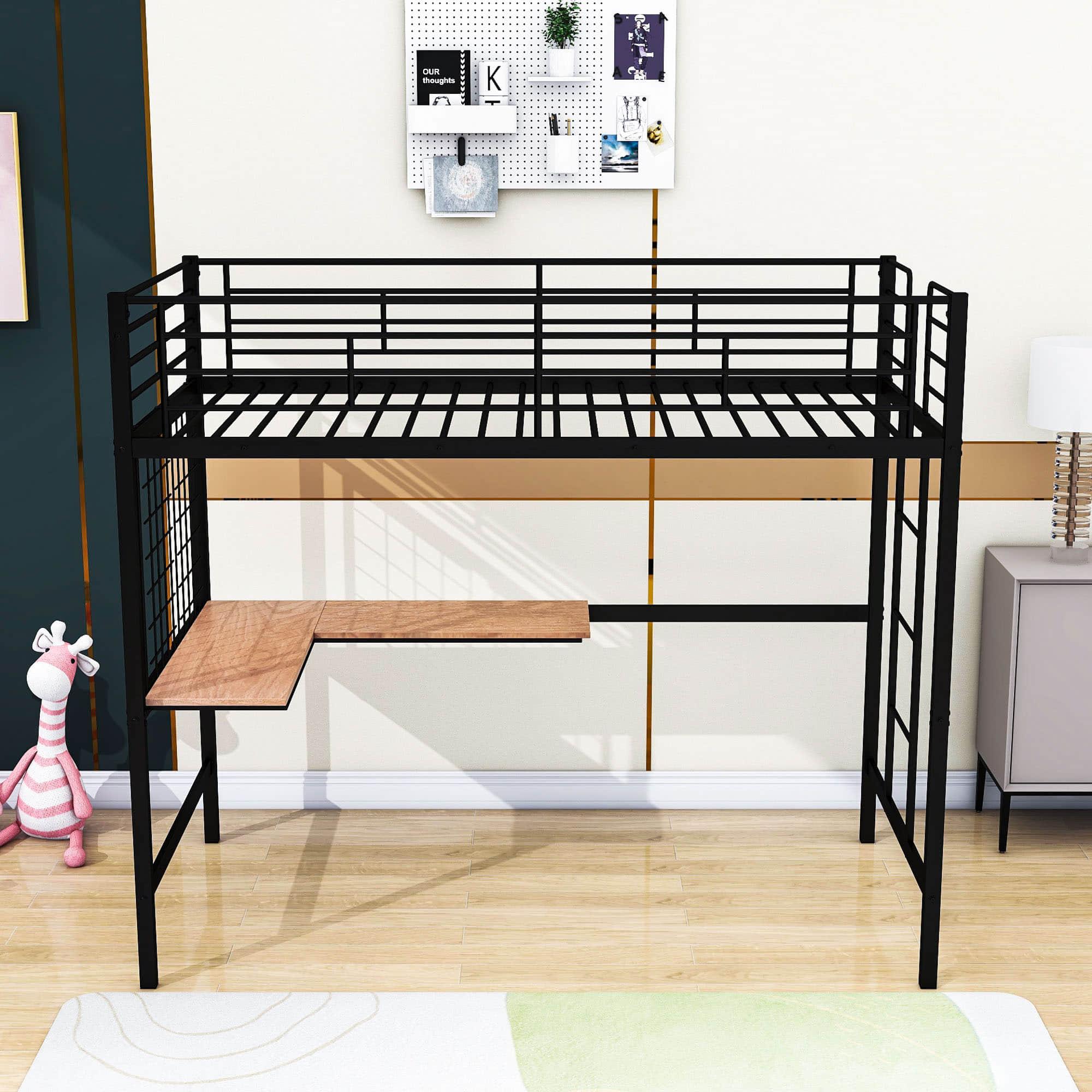 Twin Metal Loft Bed Frame with L-Shaped Desk and Grid