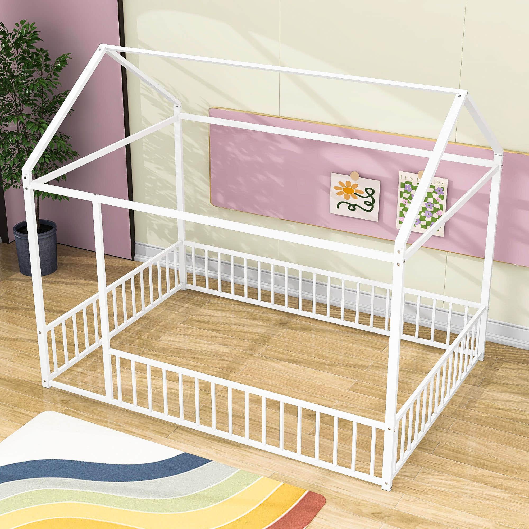 Full Size Metal House Toddler Floor Bed with Rails for Boys and Girls