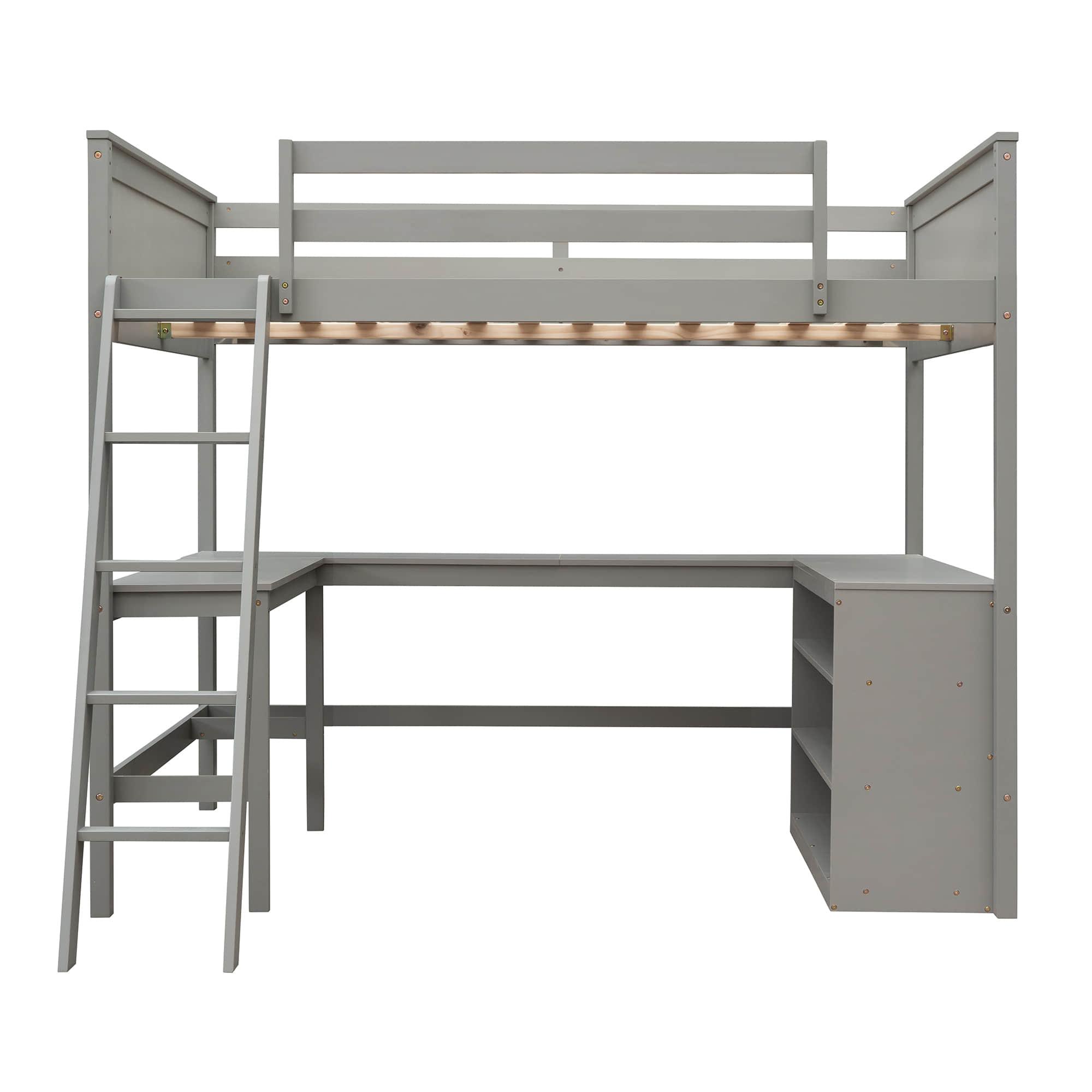 Full Size Convertible High Loft Bed with Desk and Shelves - [Cabinet, Wood]