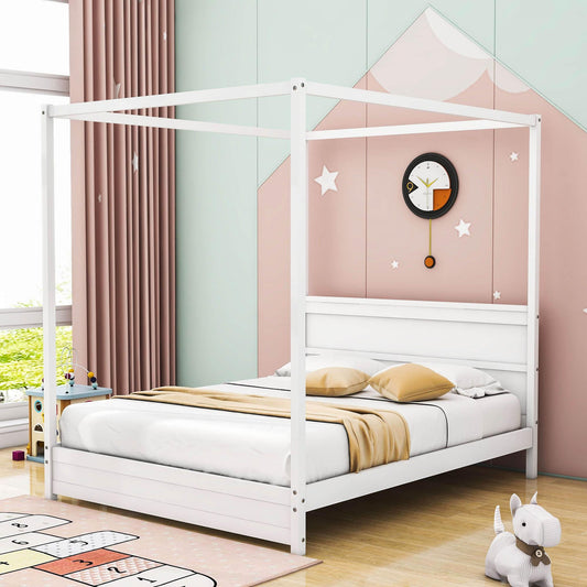 Wooden Modern Low Profile Queen Canopy Bed Frame with Headboard