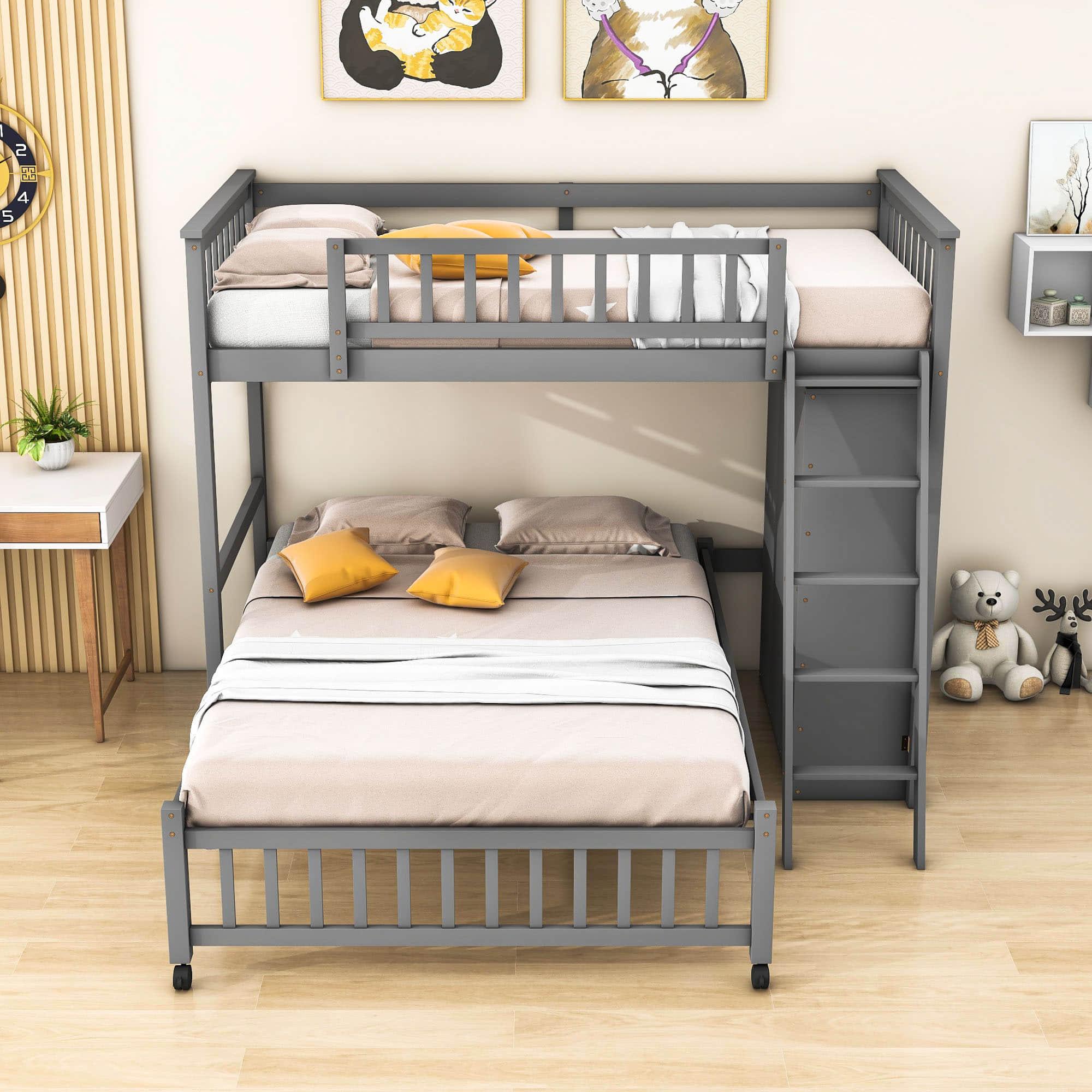 Wooden L-Shaped Twin Over Full Adult Bunk Beds with Storage - [Drawers]