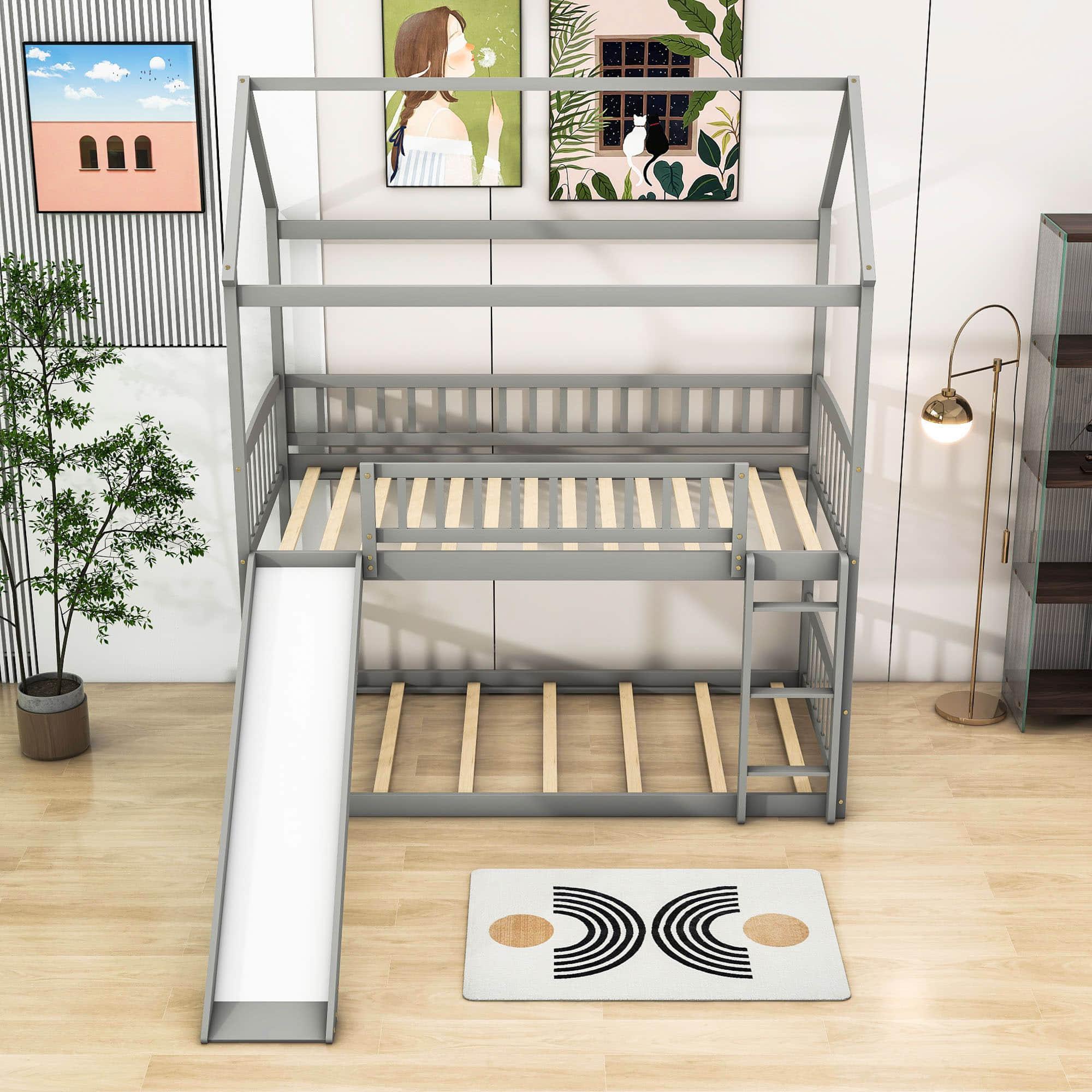 Twin Over Twin Low House Bunk Bed with Slide and Ladder - [Floor, Interchangeable]