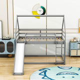 Twin Over Twin House Low Bunk Bed with Slide and Ladder - [Floor, Wood]