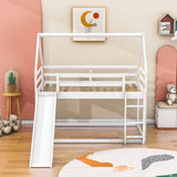 Twin Over Twin House Low Bunk Bed with Slide and Ladder - [Floor, Wood]