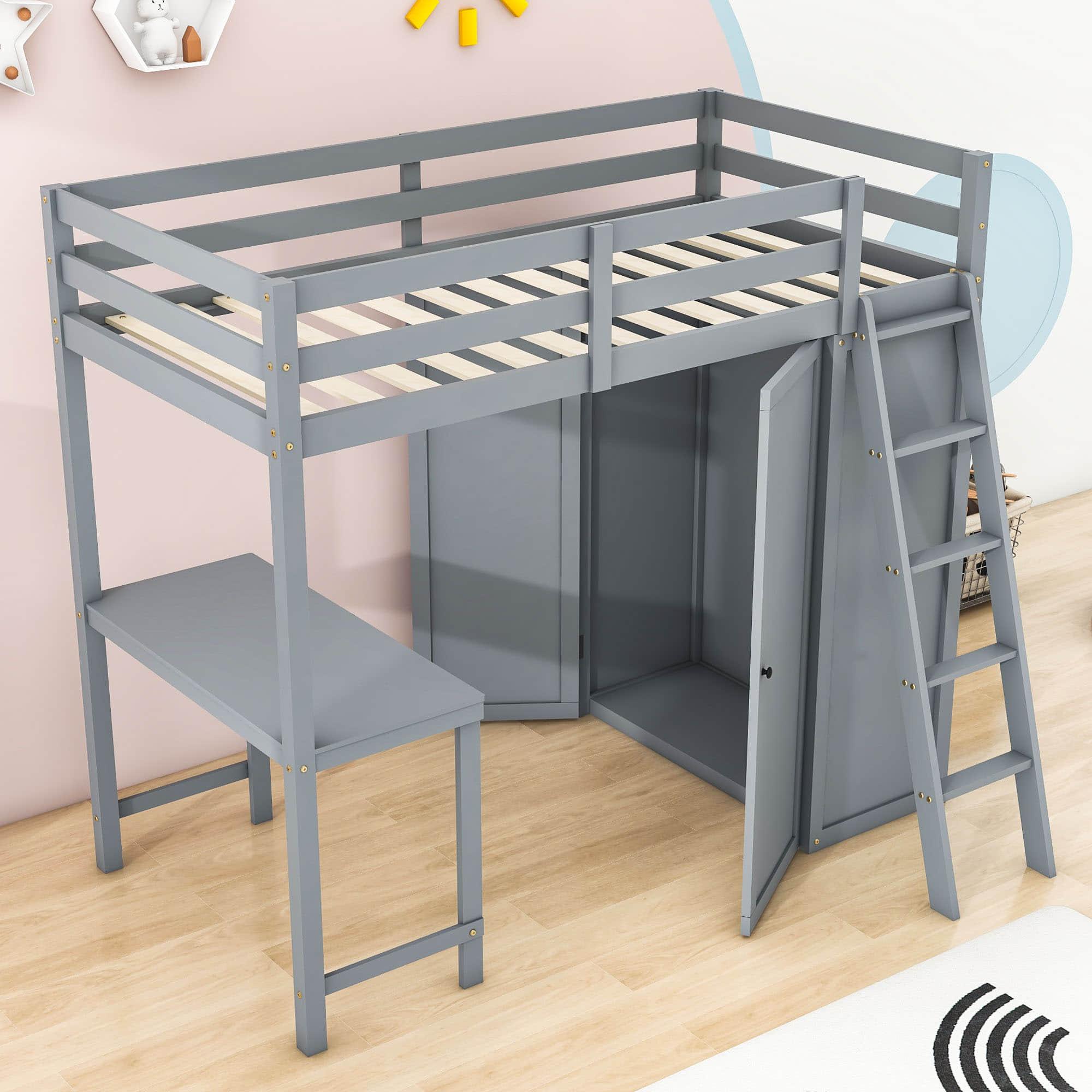 Wood Twin Loft Bed with Desk and Storage for Adults, Kids - [Wardrobe]