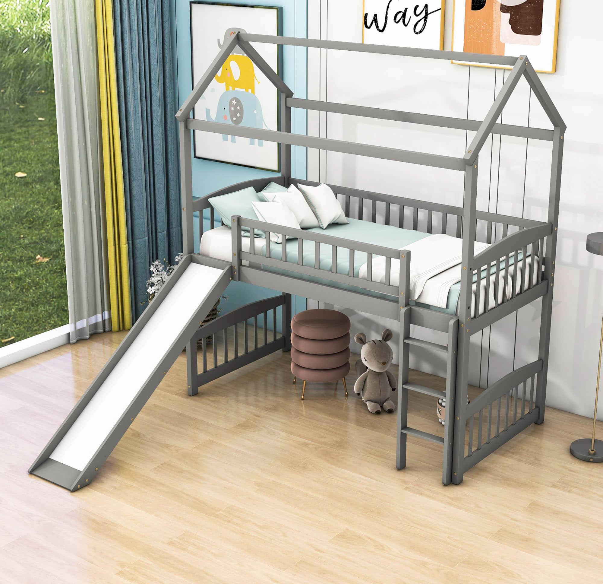 Twin Size Low House Loft Bed with Slide for Kids - [Wood]