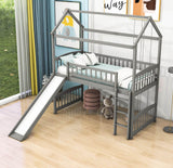 Twin Size Low House Loft Bed with Slide for Kids - [Wood]