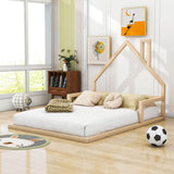 Full Size Toddler Floor Bed Frame with Rails and House-Shaped Headboard