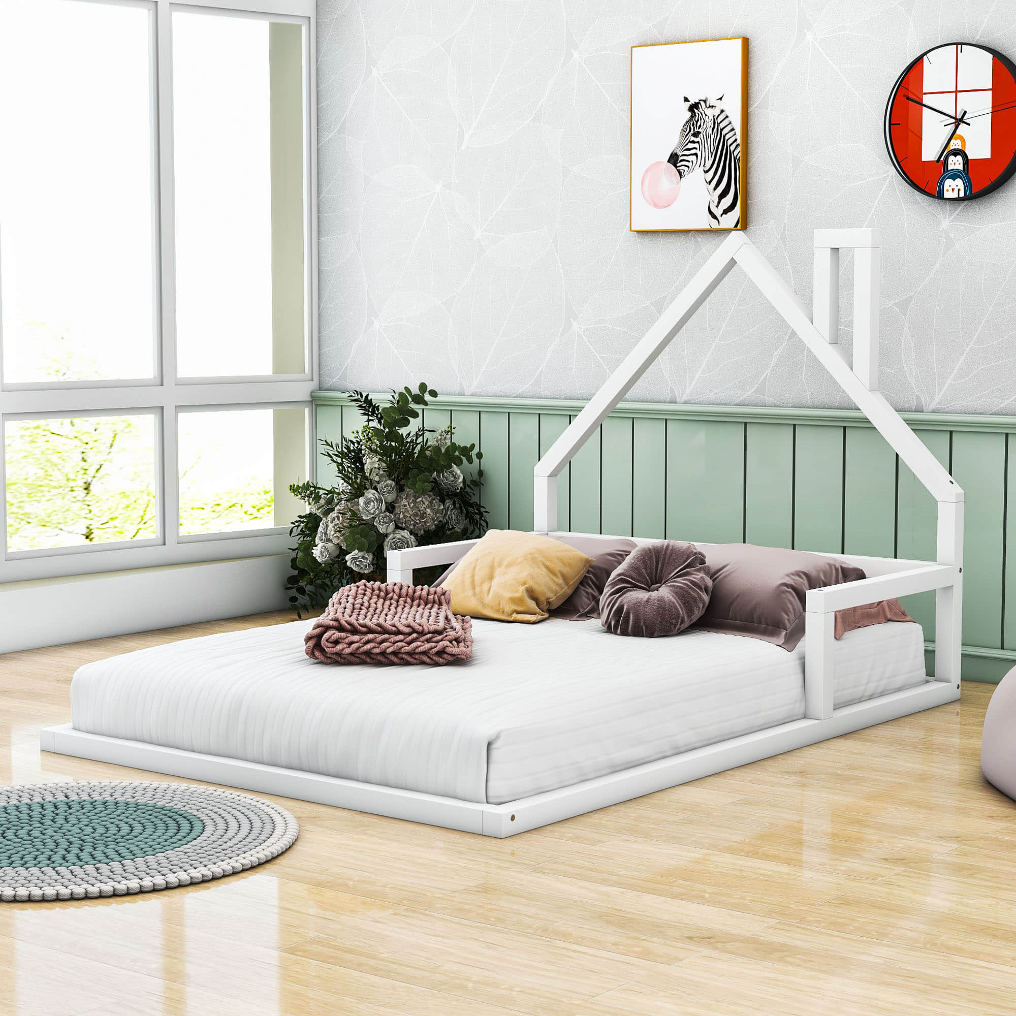 Full Size Toddler Floor Bed Frame with Rails and House-Shaped Headboard