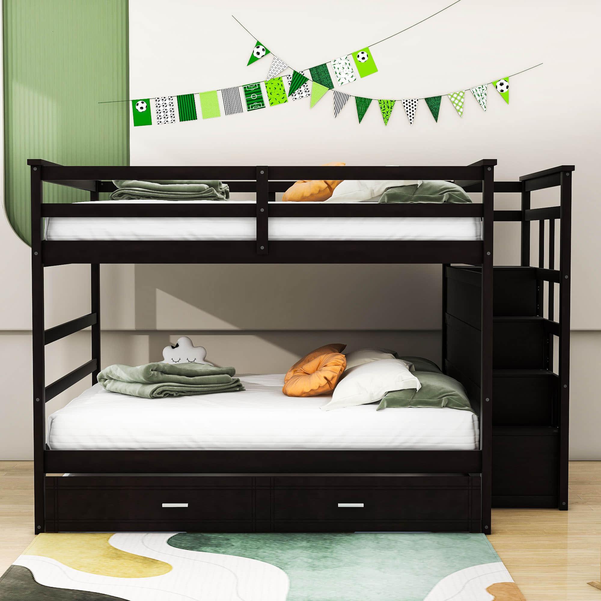 Full Size Bunk Beds with Stairs and Trundle, Storage for Kids, Adults