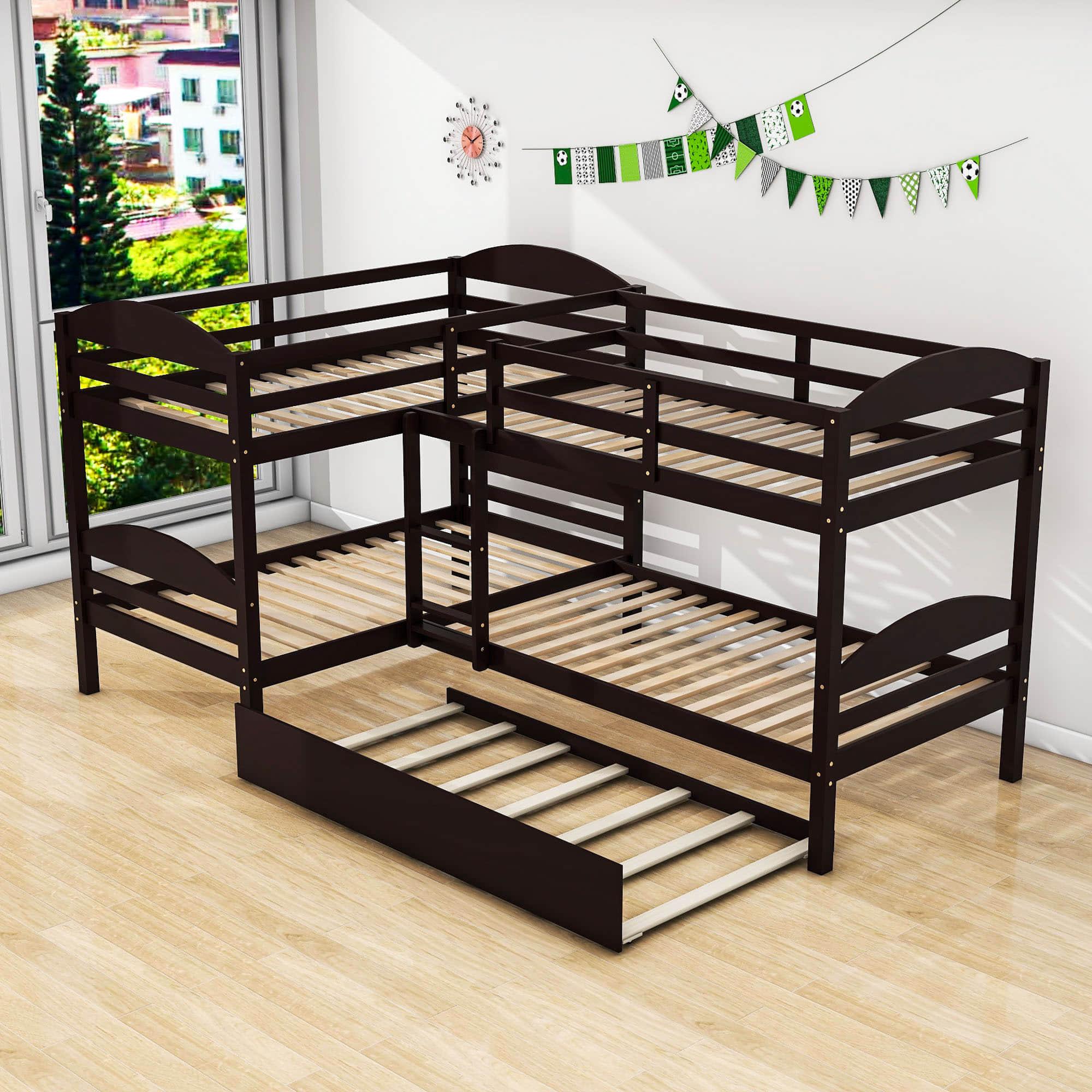 Twin Corner Quad Bunk Beds with Trundle for Kids - [Wooden, L-Shaped]